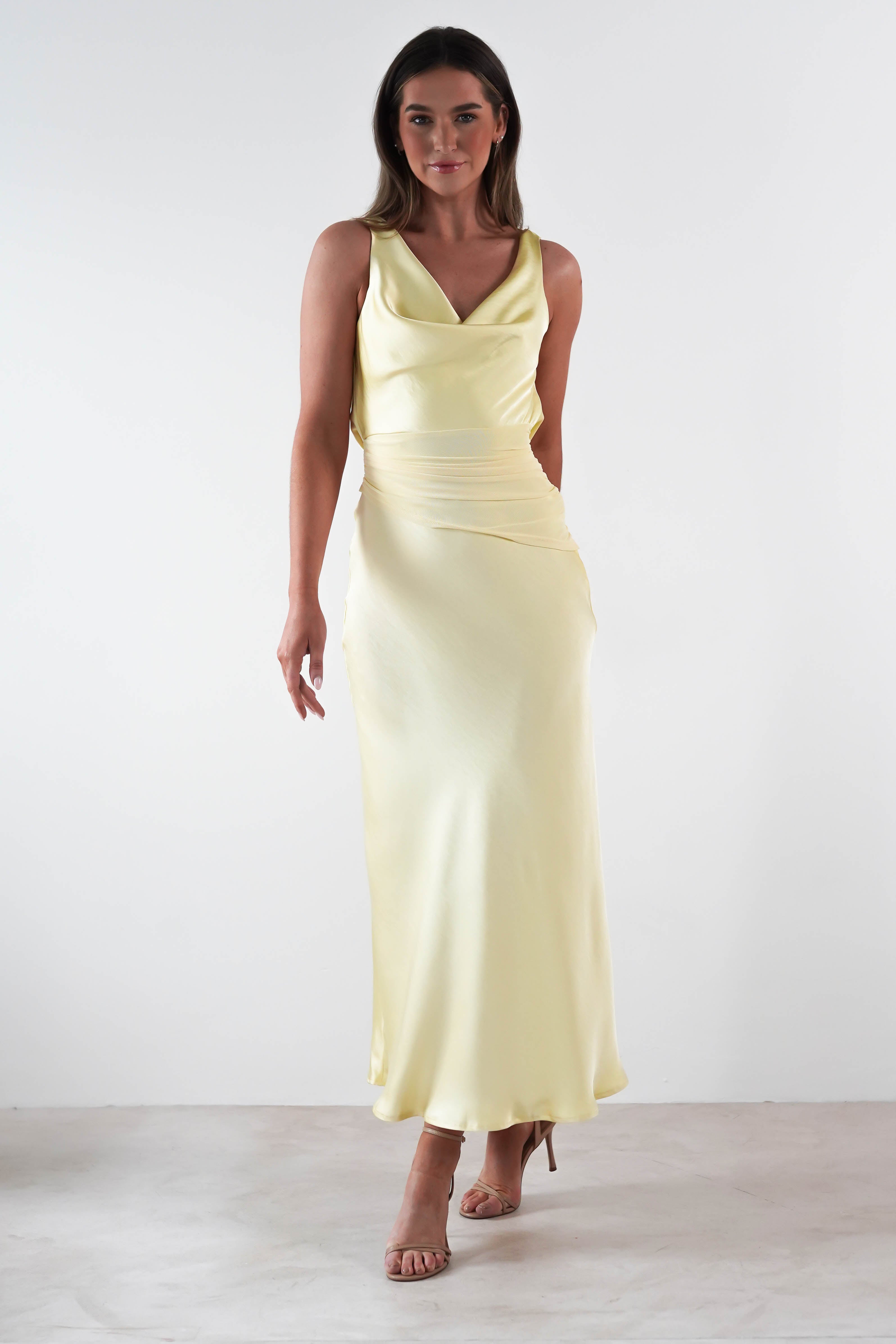 Thea Mesh Midriff Soft Satin Maxi Dress | Yellow