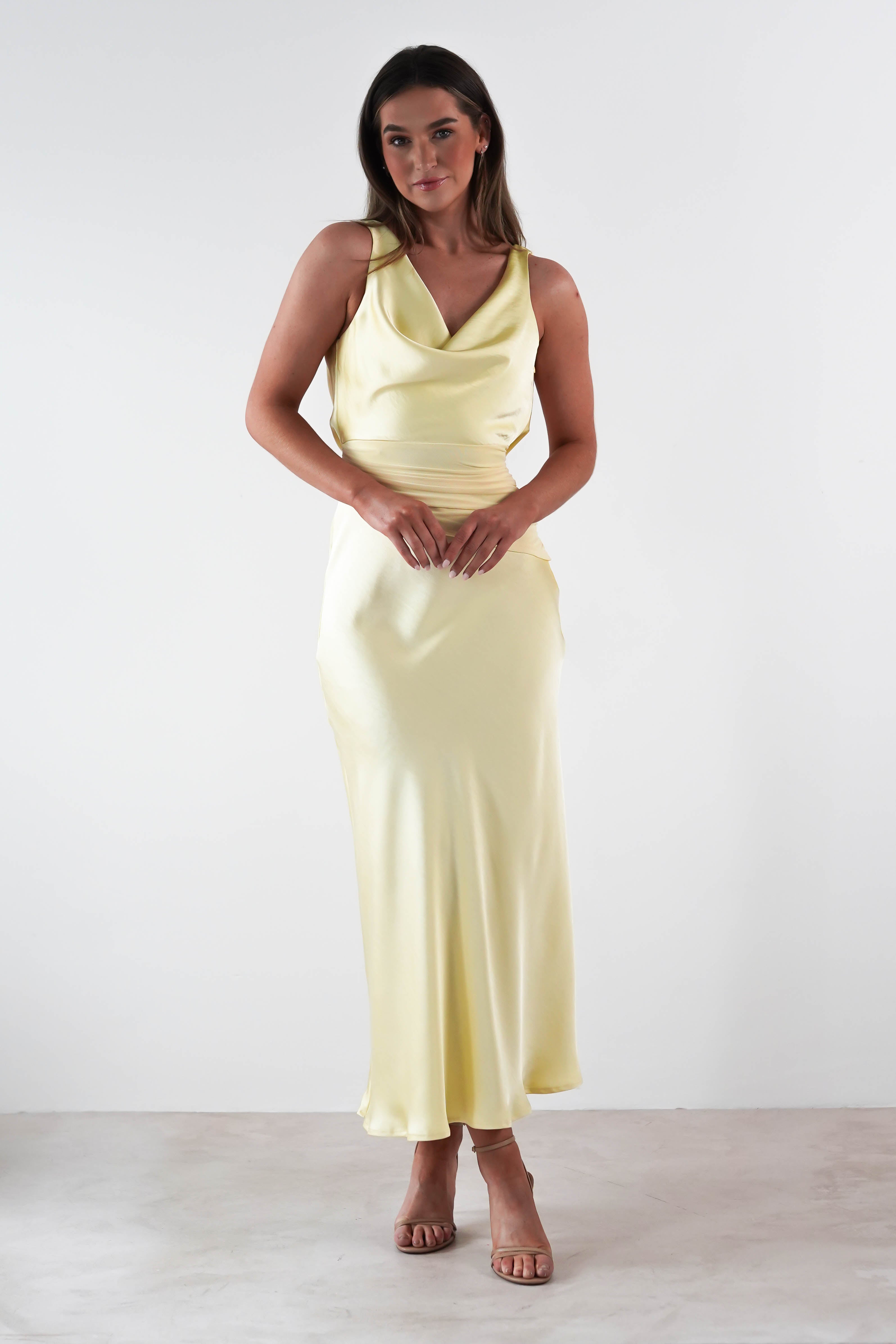 Thea Mesh Midriff Soft Satin Maxi Dress | Yellow