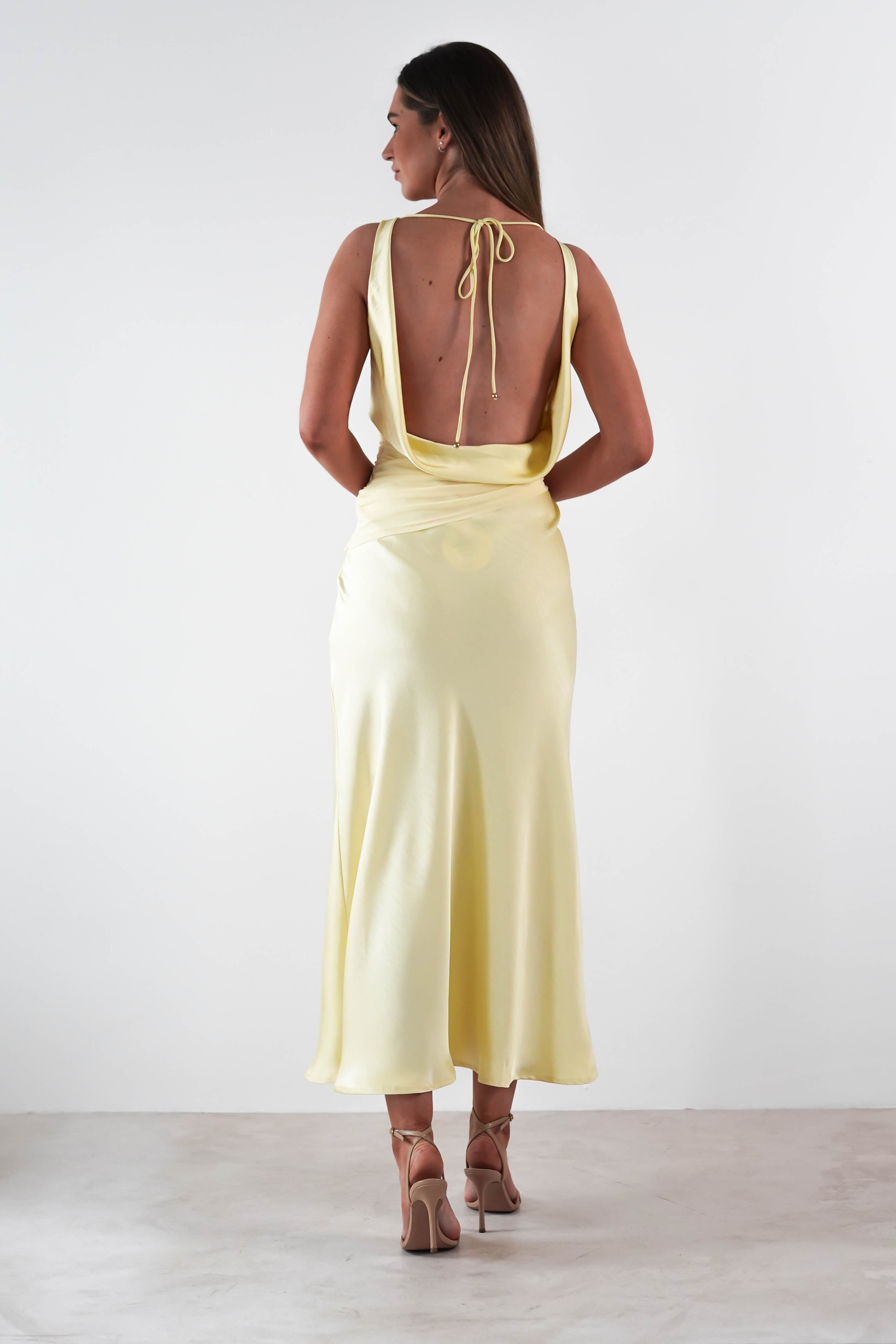 Thea Mesh Midriff Soft Satin Maxi Dress | Yellow