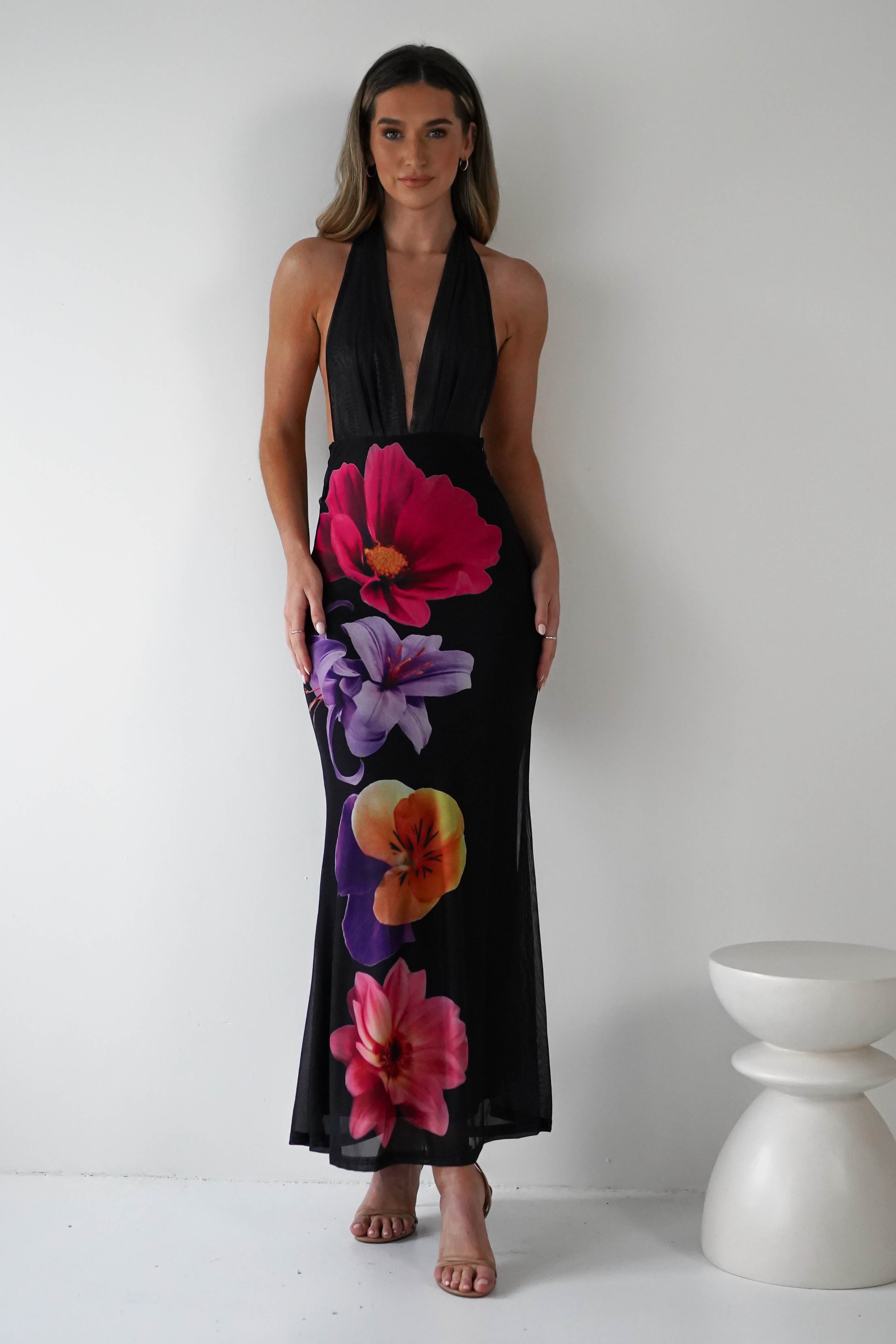 Elanor Floral Print Mesh Maxi Dress | Black