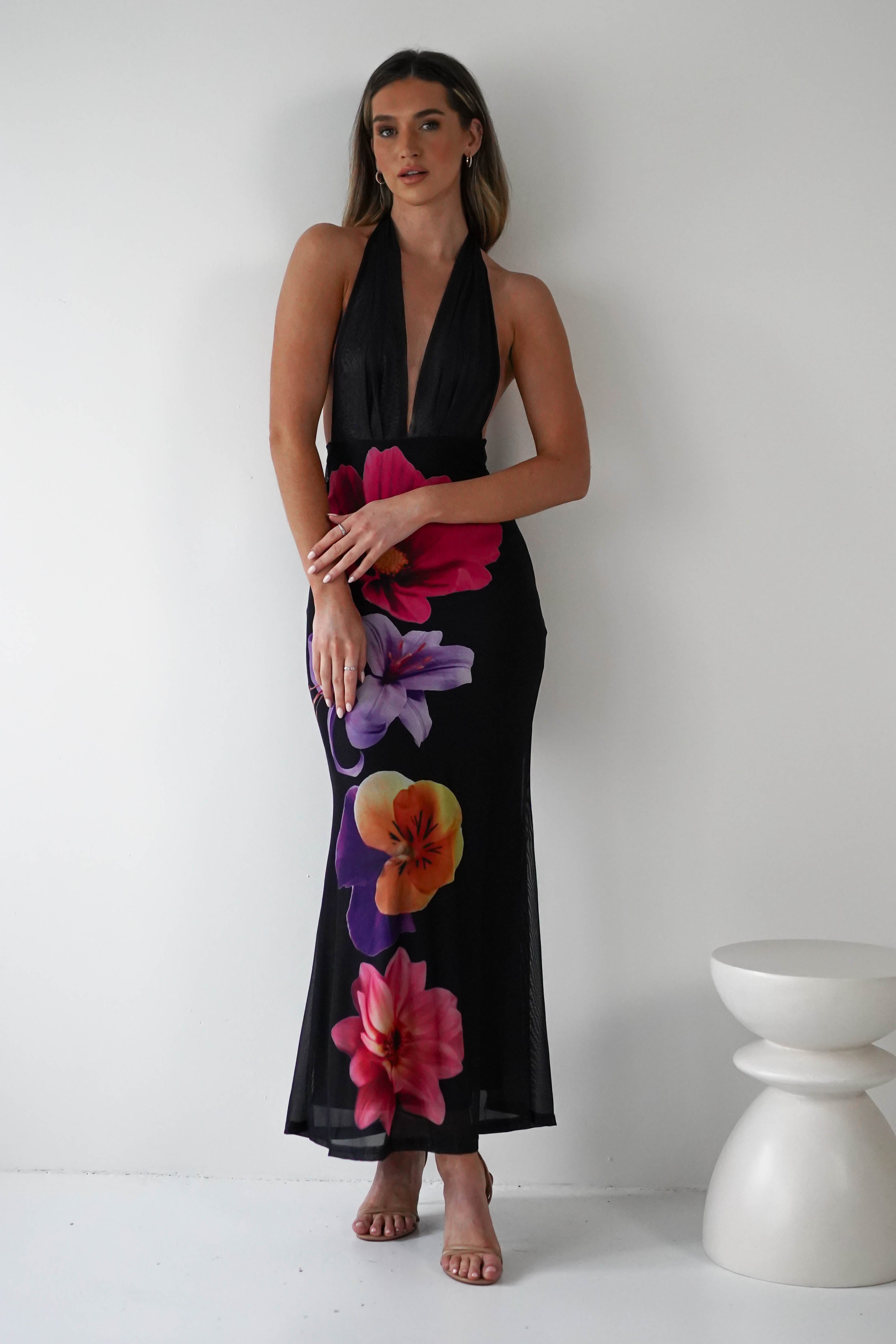 Elanor Floral Print Mesh Maxi Dress | Black