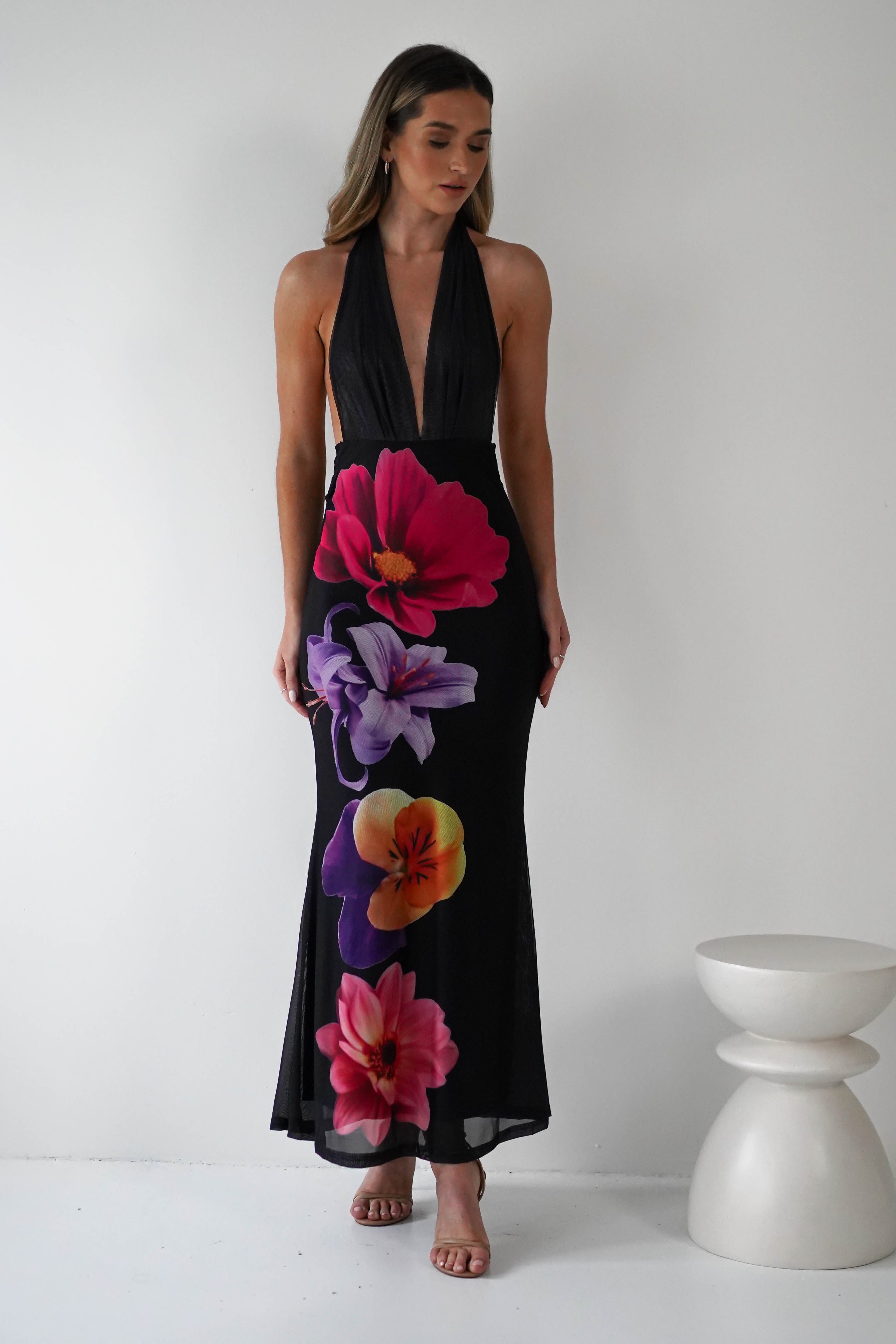 Elanor Floral Print Mesh Maxi Dress | Black