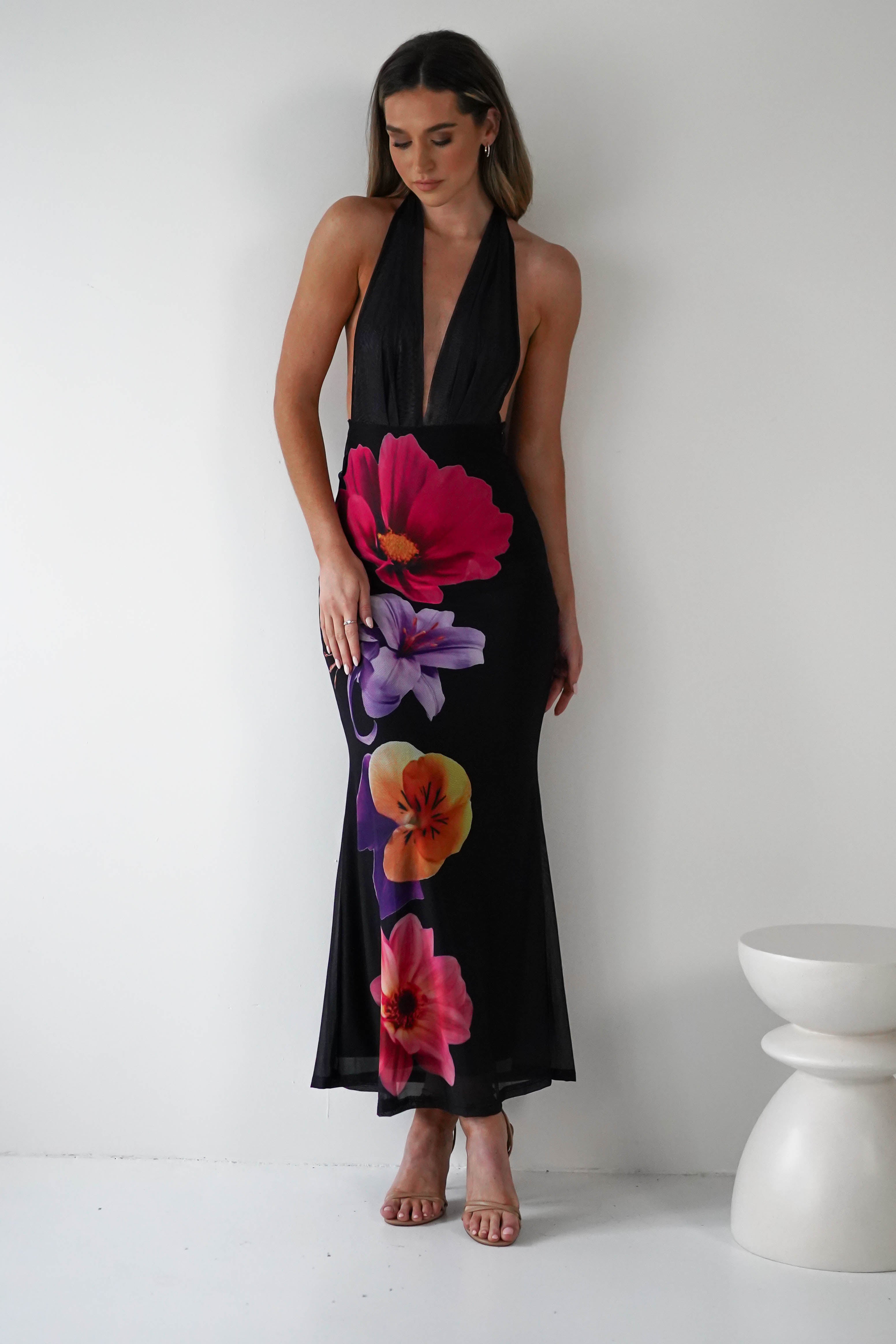 Elanor Floral Print Mesh Maxi Dress | Black