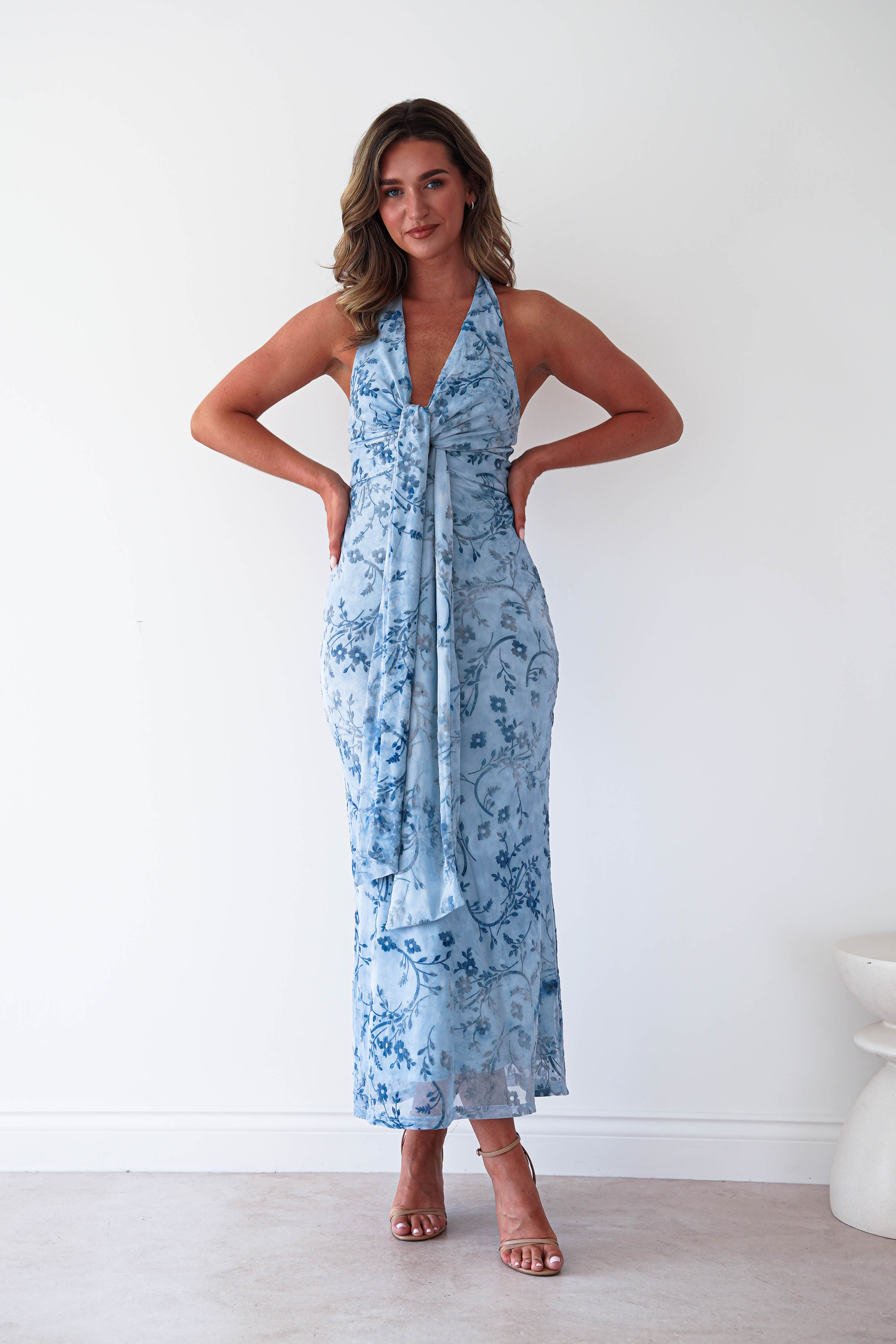Lena Jacquard Halterneck Maxi Dress | Blue | Wedding Guest Dress