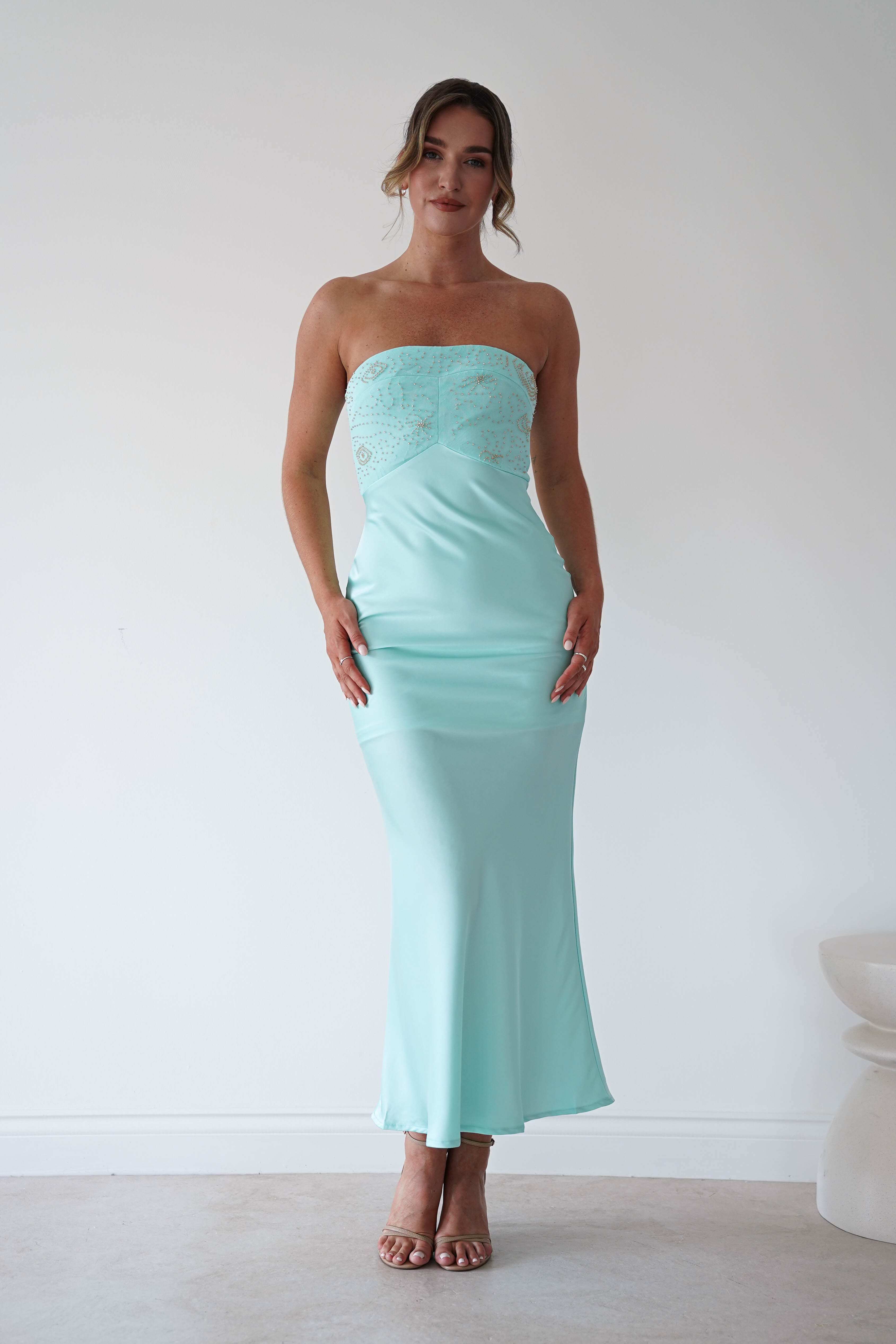 Oh Hello Clothing Women > Clothing > Dresses 1 *DONE CM67074F BLUE STRAPLESS SATIN MIDI EMBELLISHED BST