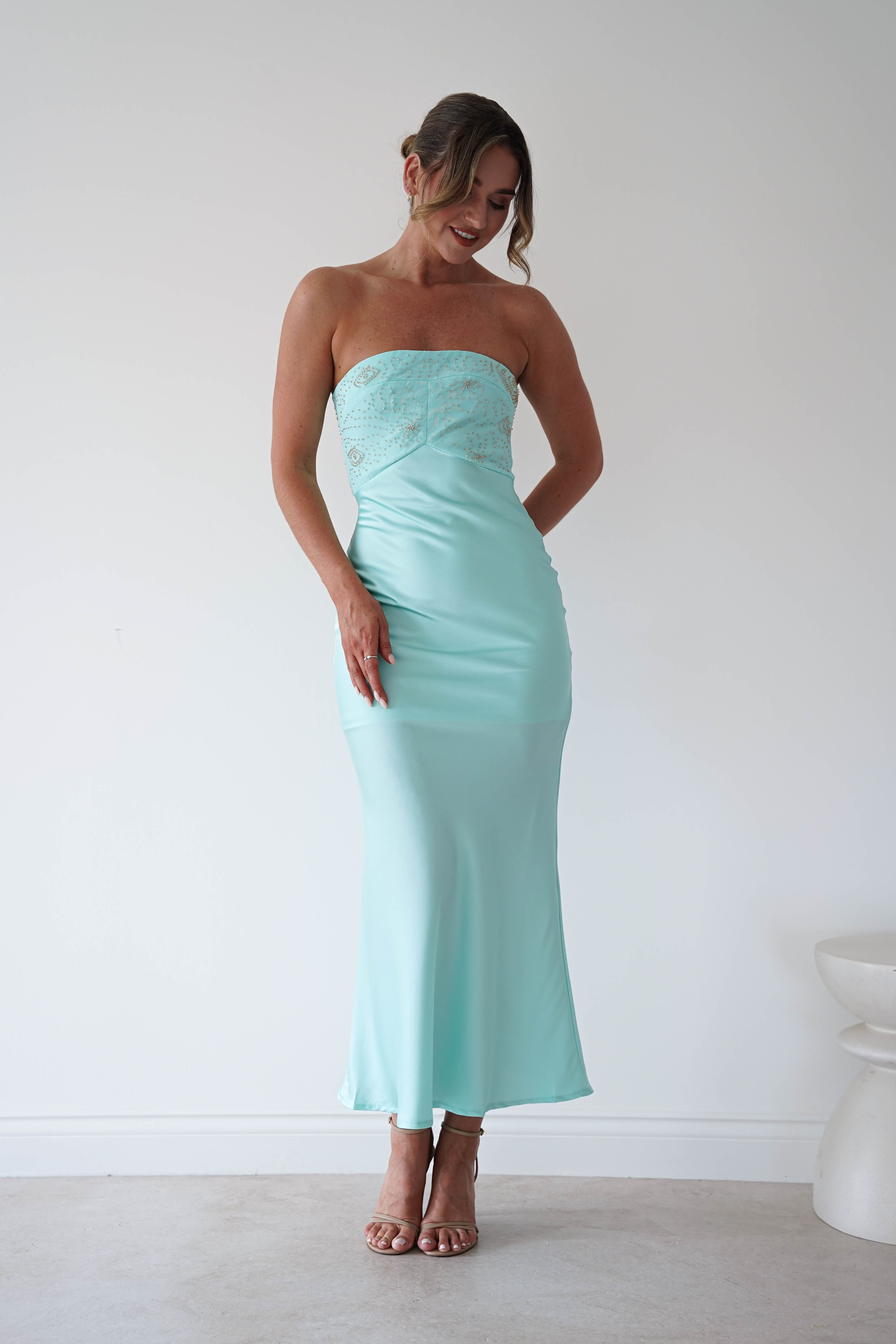 Oh Hello Clothing Women > Clothing > Dresses 1 *DONE CM67074F BLUE STRAPLESS SATIN MIDI EMBELLISHED BST