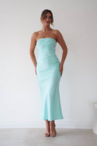 Oh Hello Clothing Women > Clothing > Dresses 1 *DONE CM67074F BLUE STRAPLESS SATIN MIDI EMBELLISHED BST