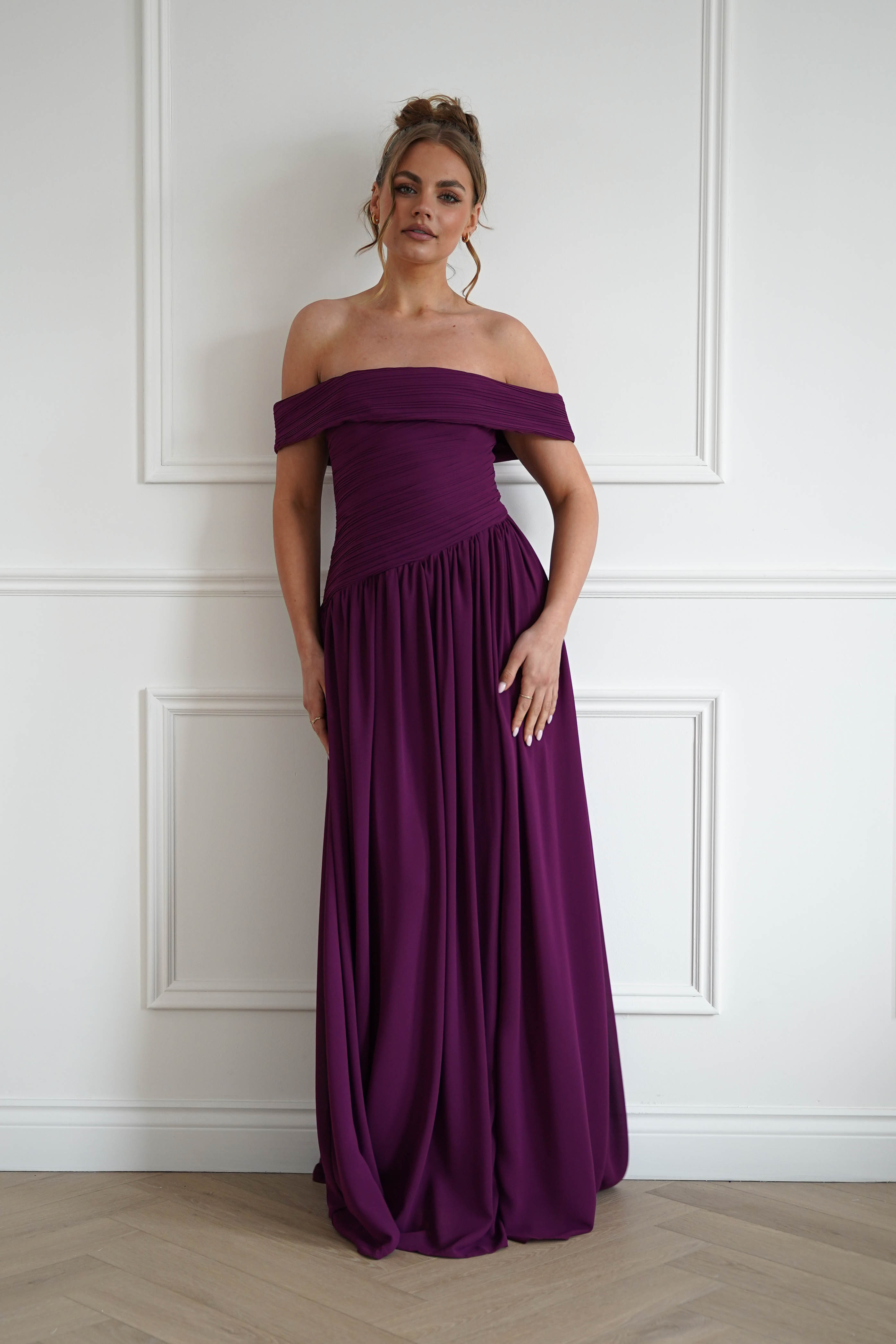 Oh Hello Clothing Women > Clothing > Dresses 1*DONE-Connie Off The Shoulder Chiffon Maxi Dress | Plum