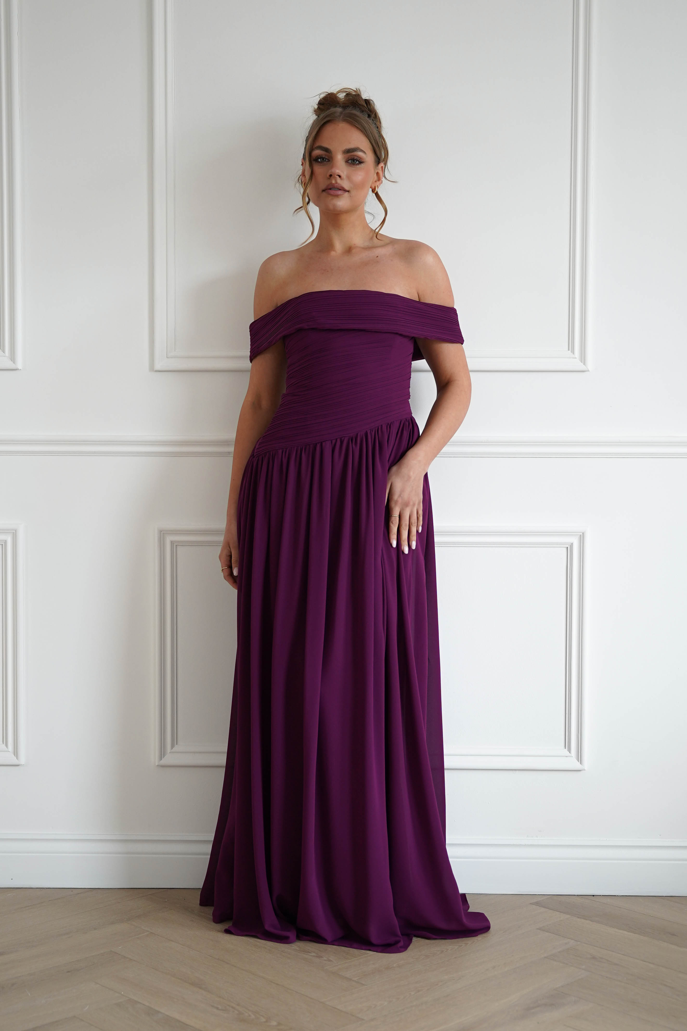 Oh Hello Clothing Women > Clothing > Dresses 1*DONE-Connie Off The Shoulder Chiffon Maxi Dress | Plum