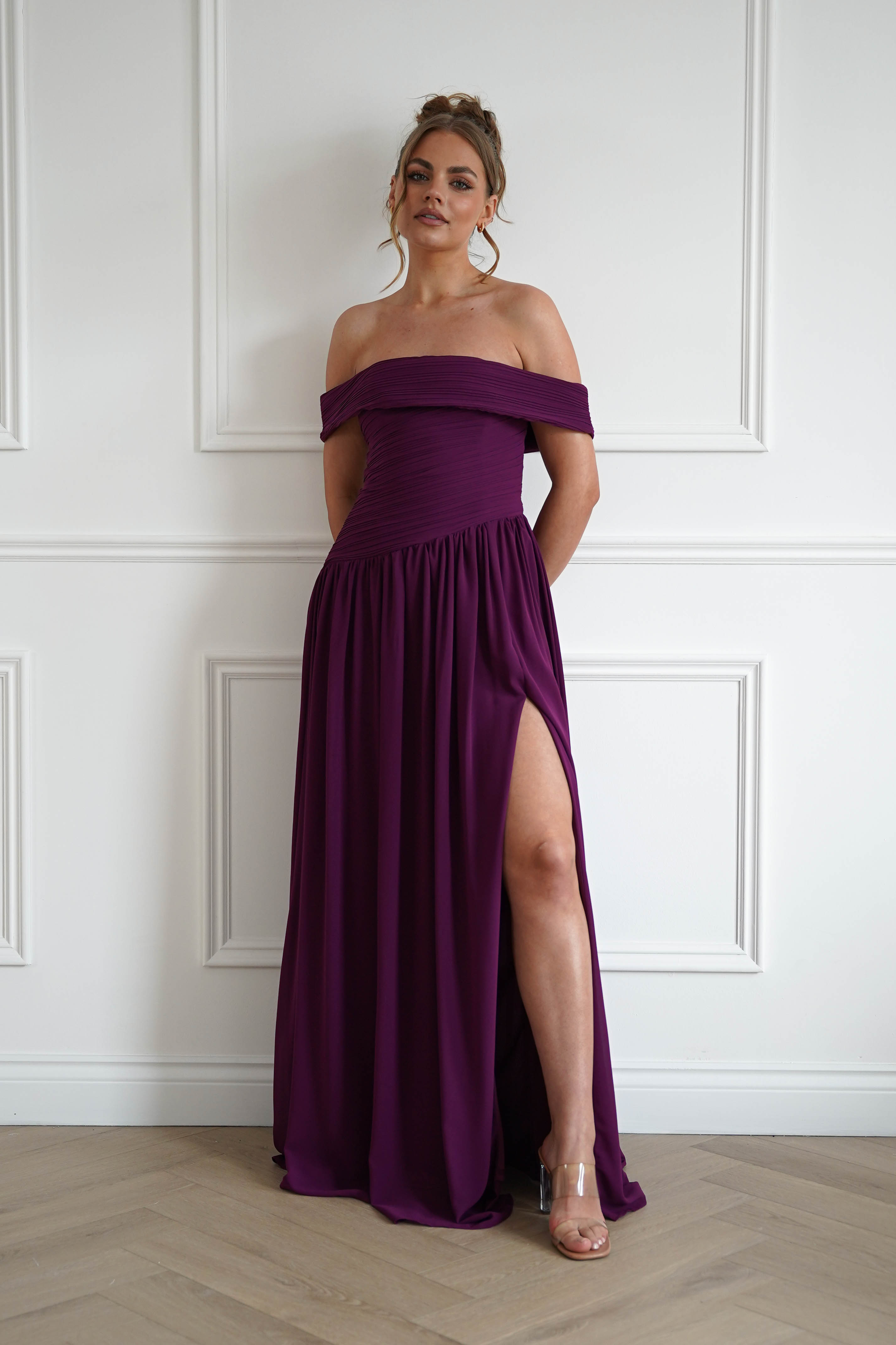 Oh Hello Clothing Women > Clothing > Dresses 1*DONE-Connie Off The Shoulder Chiffon Maxi Dress | Plum