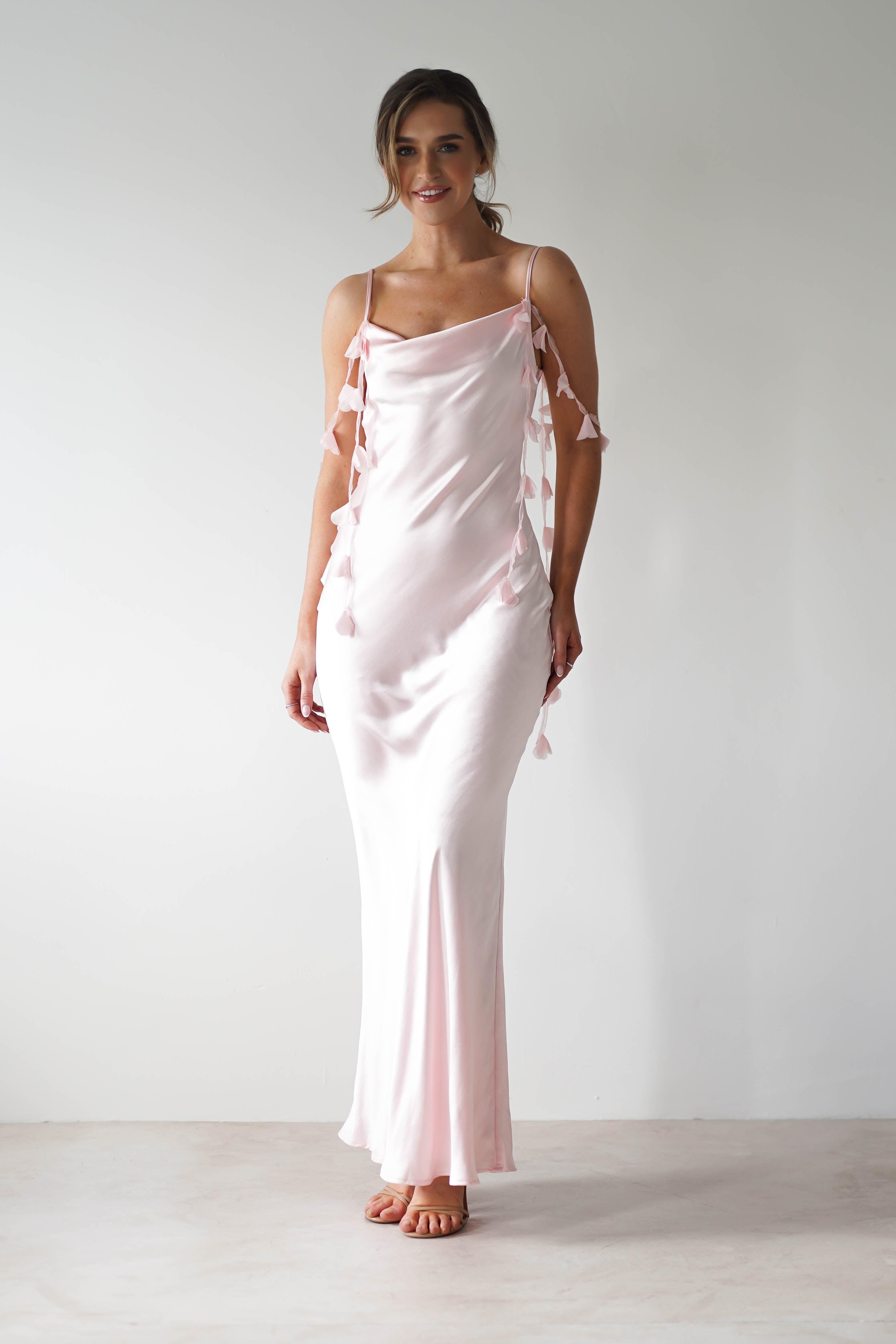 Daisy Cowl Neckline Satin Maxi Dress | Light Pink - Oh Hello Clothing