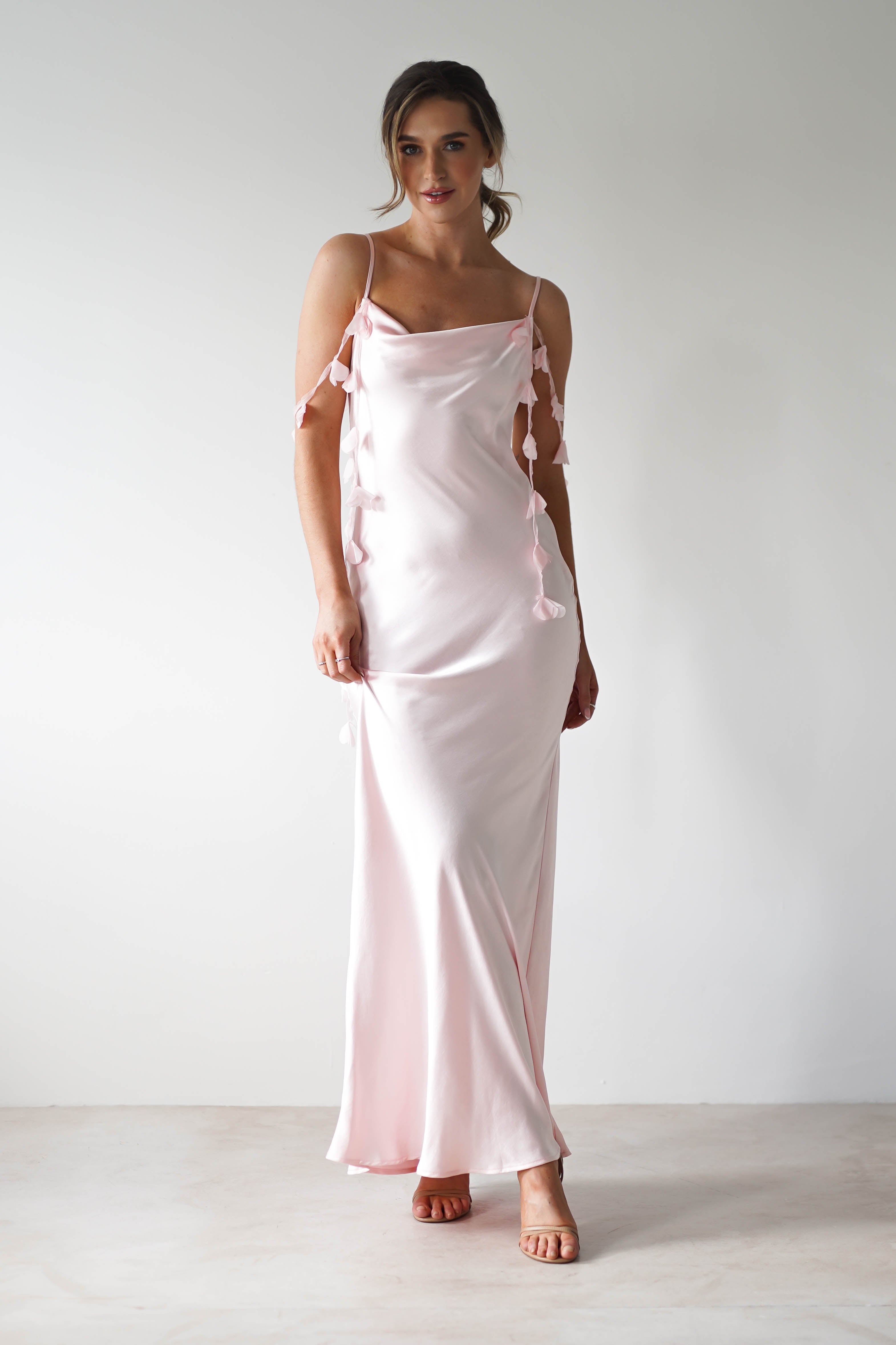 Daisy Cowl Neckline Satin Maxi Dress | Light Pink - Oh Hello Clothing