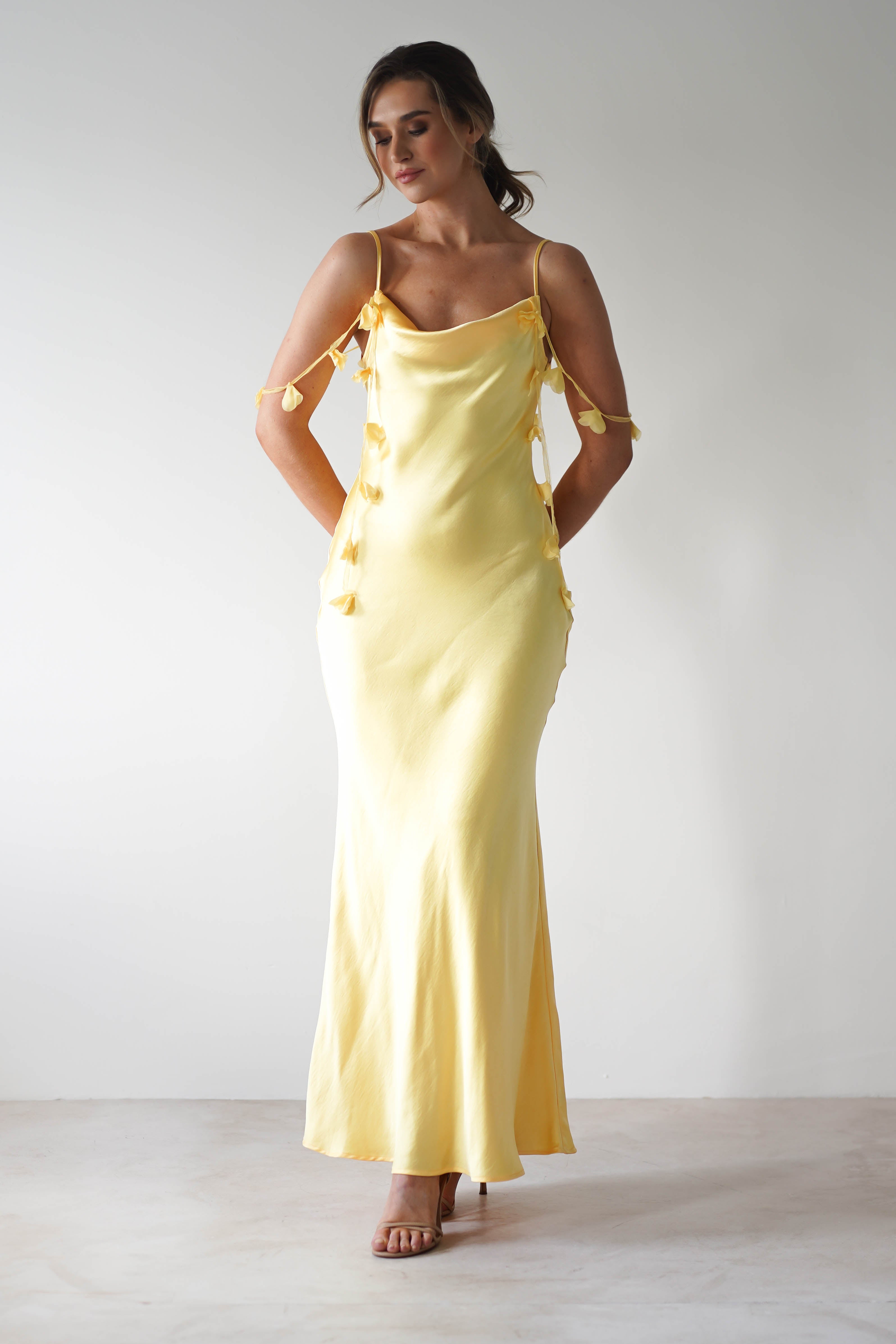 Daisy Cowl Neckline Satin Maxi Dress | Yellow - Oh Hello Clothing