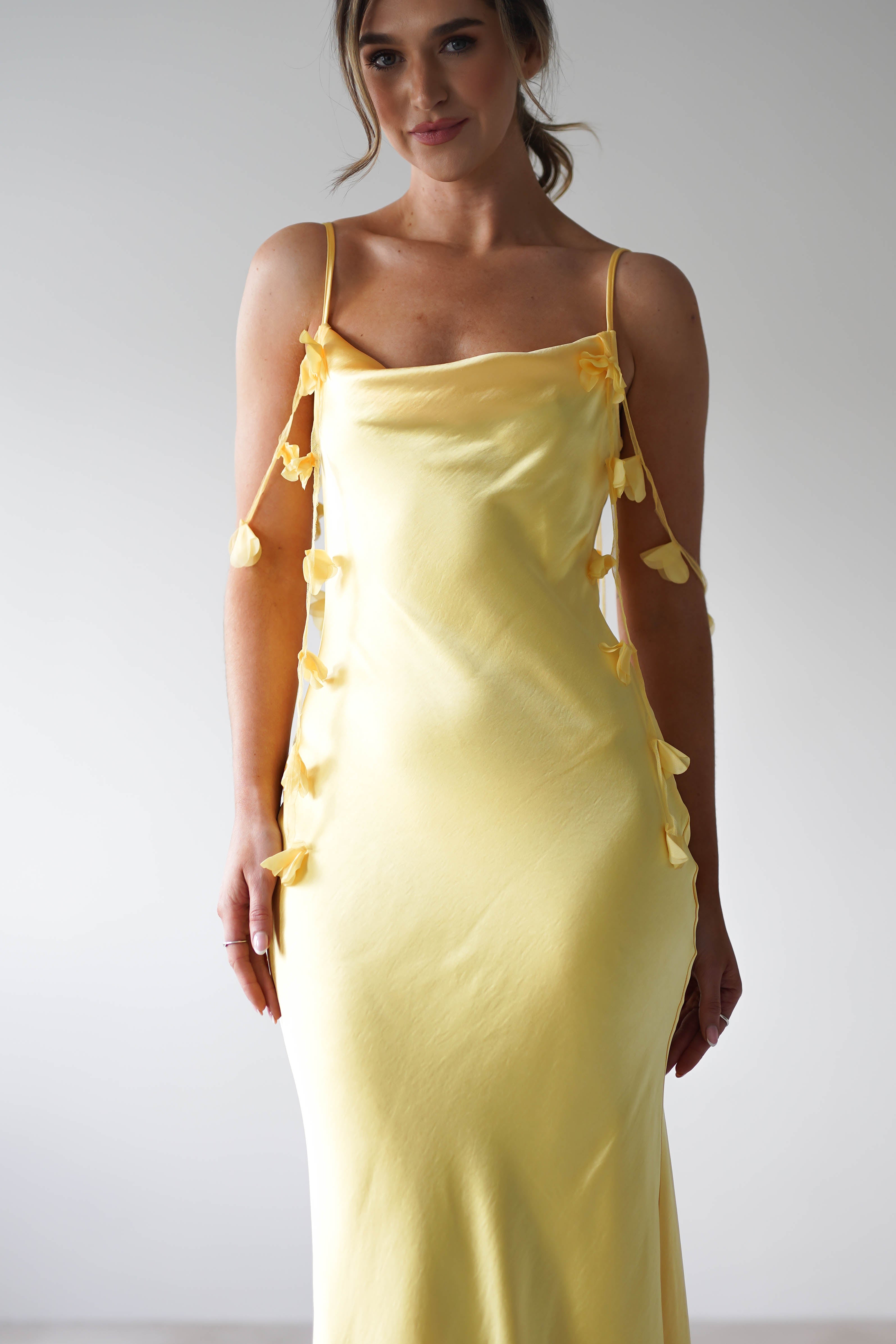 Daisy Cowl Neckline Satin Maxi Dress | Yellow - Oh Hello Clothing