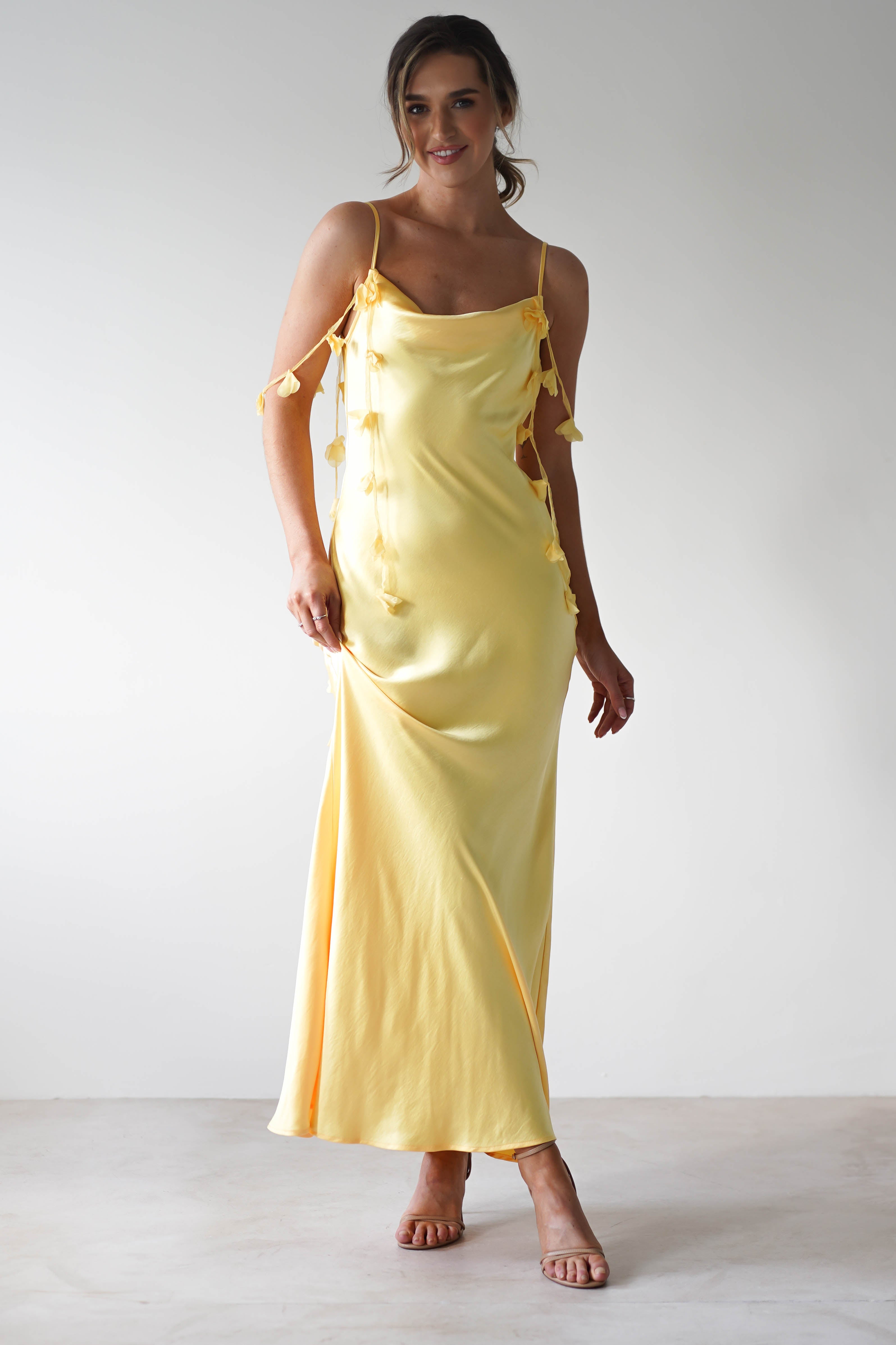 Daisy Cowl Neckline Satin Maxi Dress | Yellow - Oh Hello Clothing