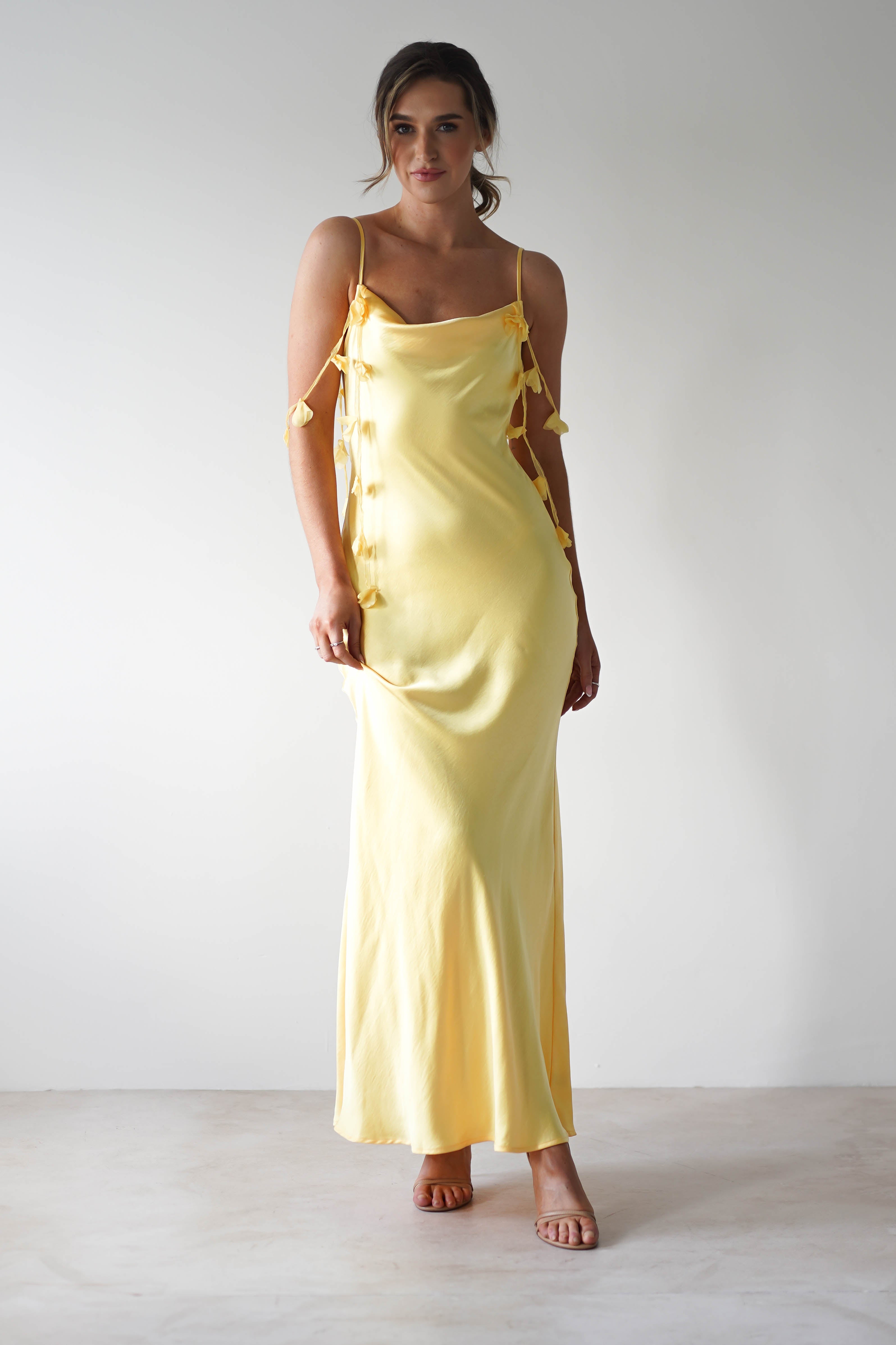 Daisy Cowl Neckline Satin Maxi Dress | Yellow - Oh Hello Clothing