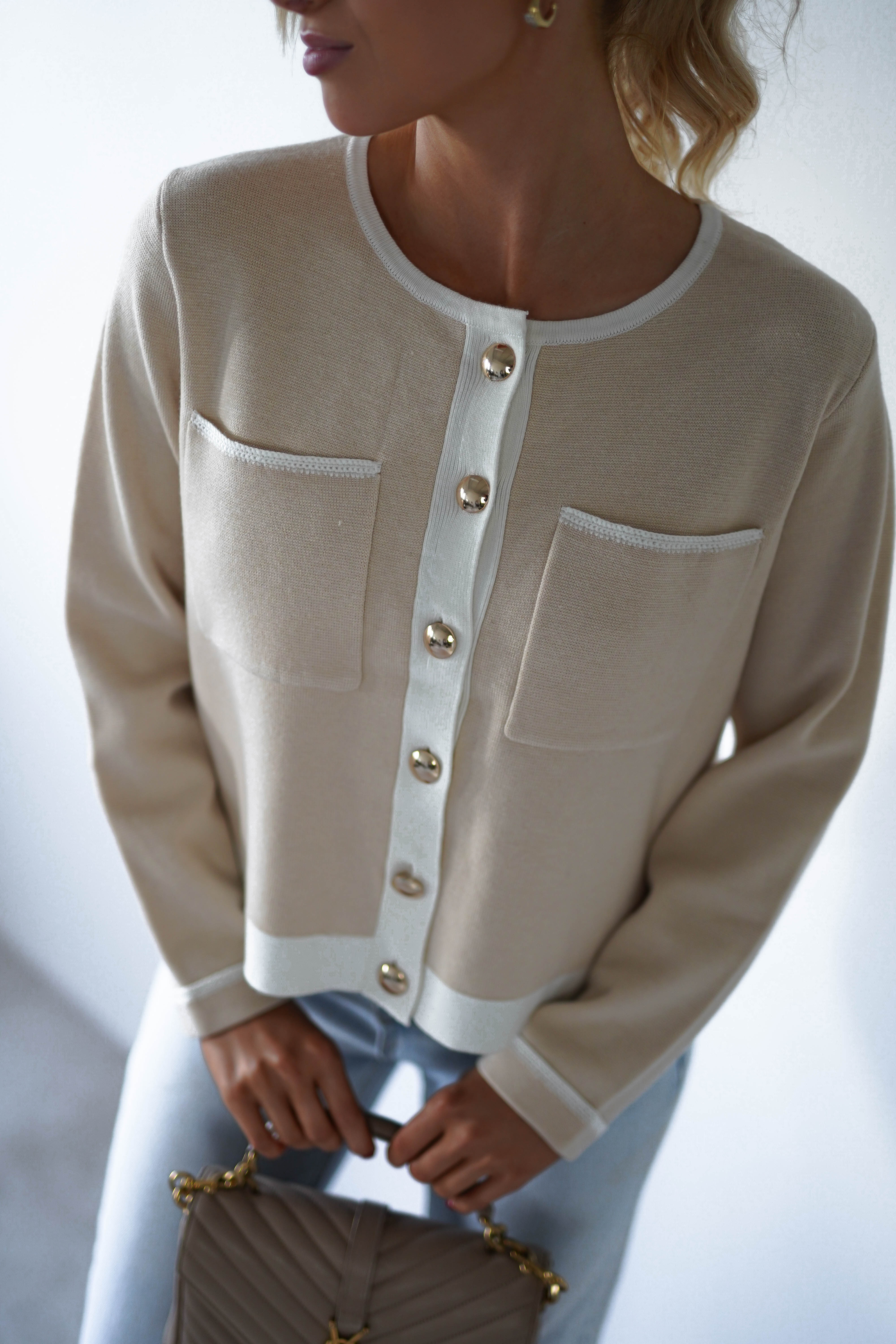 Stelle Gold Button Cardigan | Beige/White