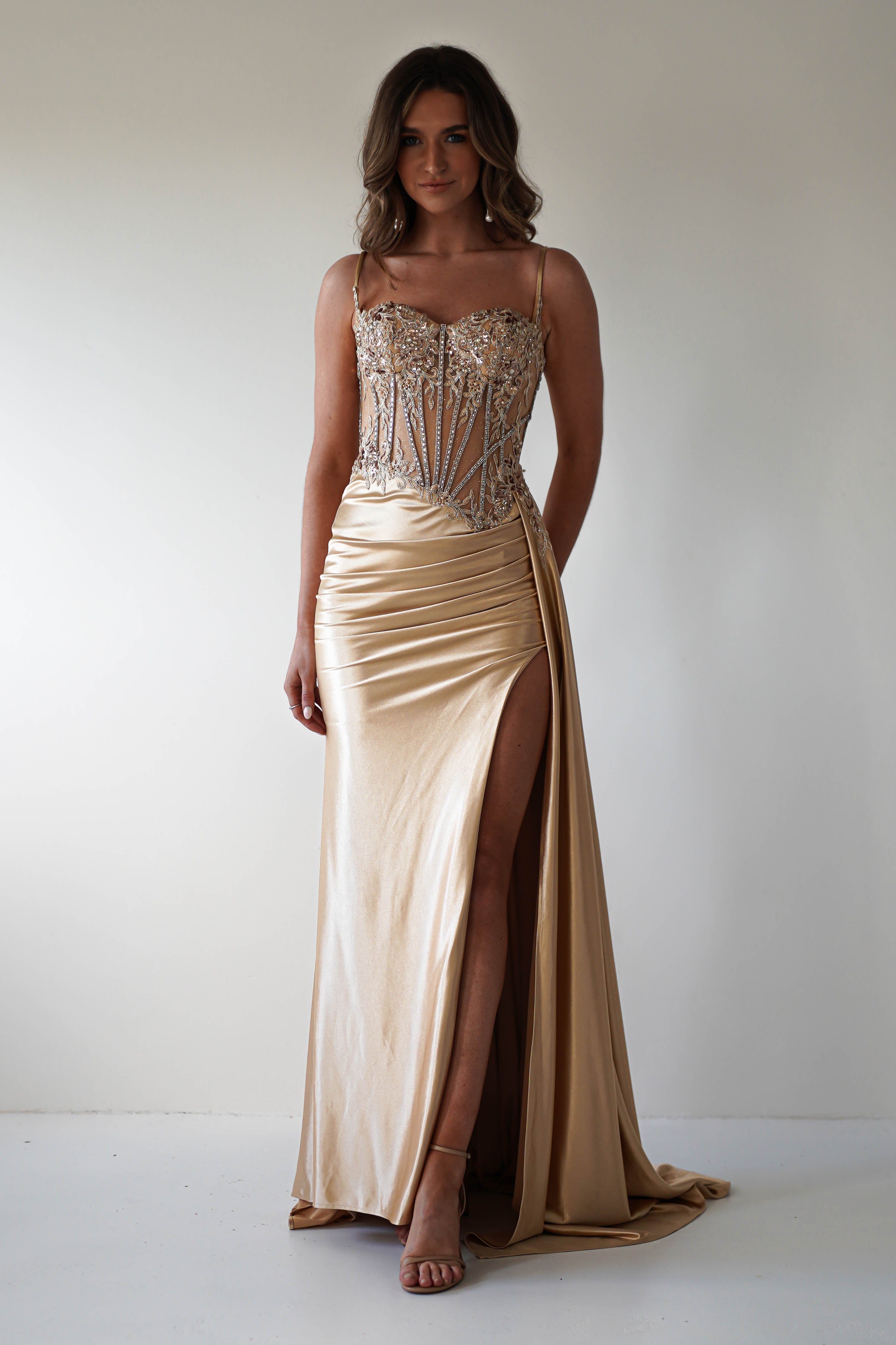 Diva Embellished Corset Gown | Gold