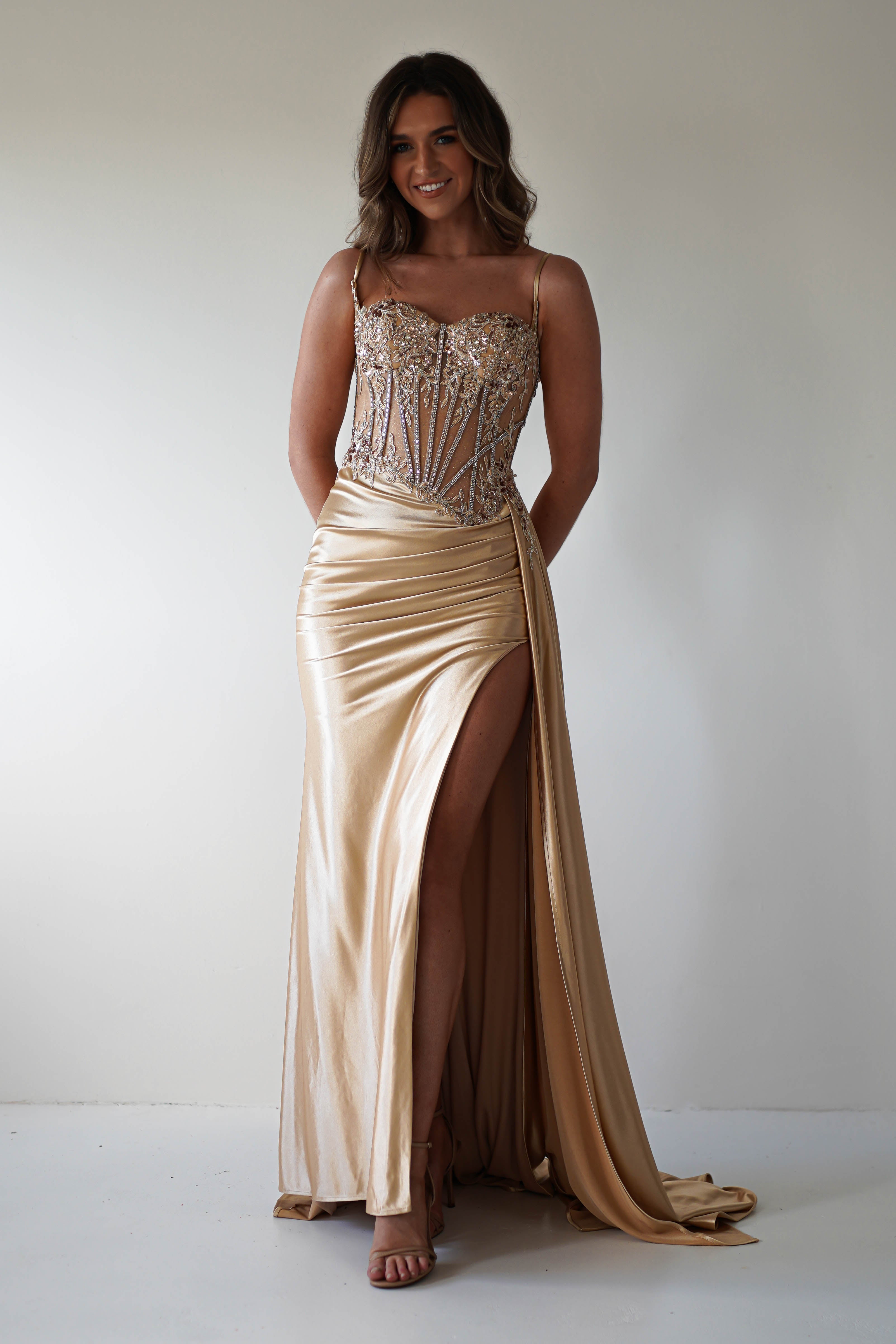 Diva Embellished Corset Gown | Gold