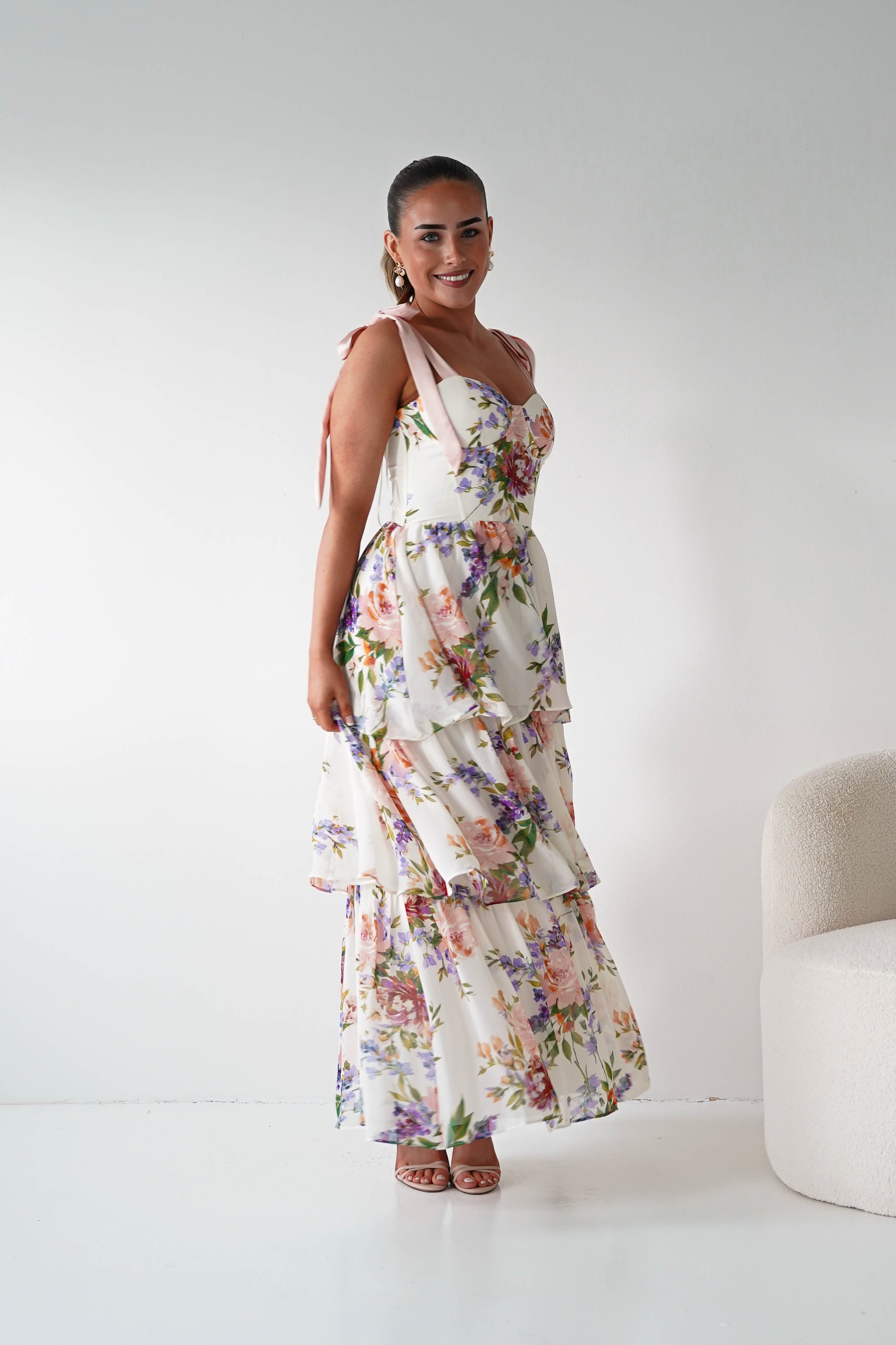 Oh Hello Clothing Women > Clothing > Dresses 1*DONE -DRESSFORUM-FD12770- SOFT CORAL Floral Tie-Shoulder Tiered Midi Dress