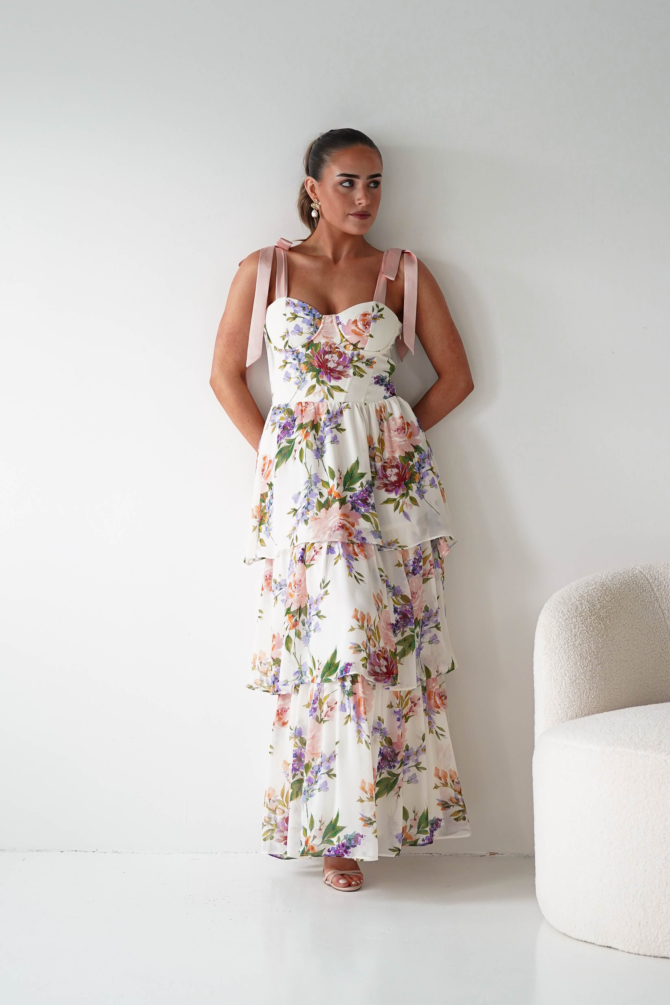 Oh Hello Clothing Women > Clothing > Dresses 1*DONE -DRESSFORUM-FD12770- SOFT CORAL Floral Tie-Shoulder Tiered Midi Dress
