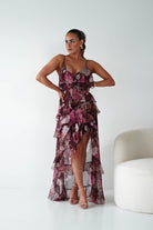 Oh Hello Clothing Women > Clothing > Dresses 1*DONE -DRESSFORUM-FD13394-Burgundy Floral Ruffle Midi Dress