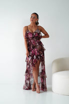 Oh Hello Clothing Women > Clothing > Dresses 1*DONE -DRESSFORUM-FD13394-Burgundy Floral Ruffle Midi Dress