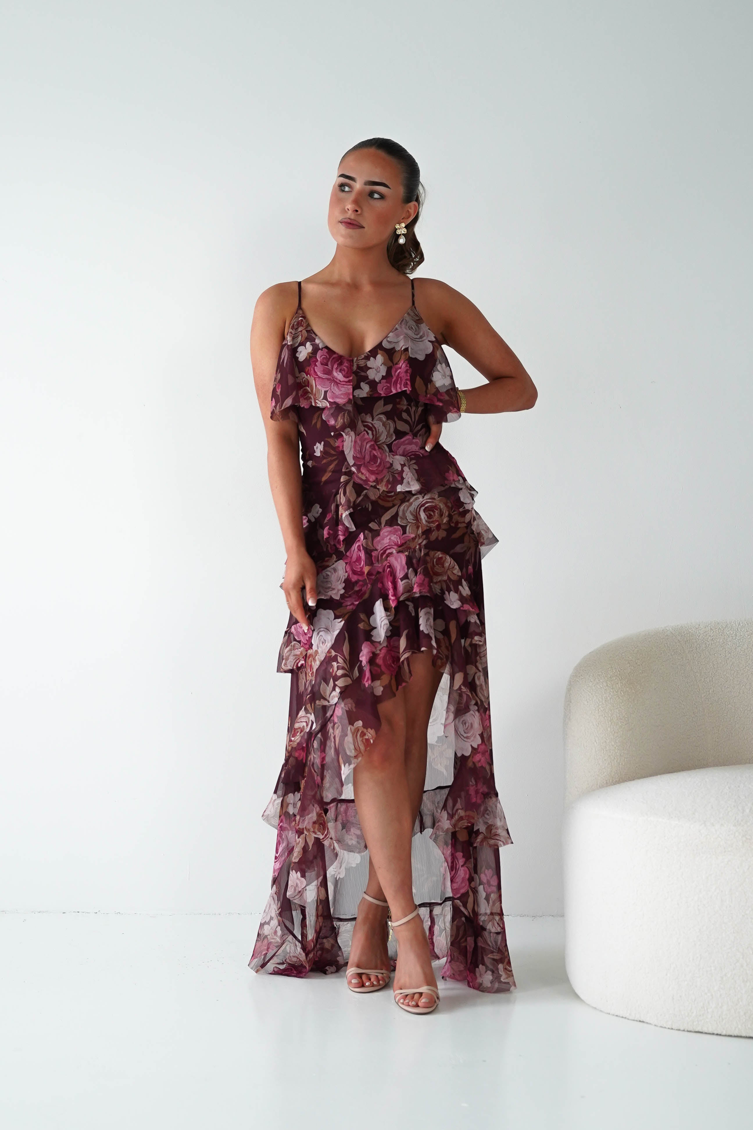 Oh Hello Clothing Women > Clothing > Dresses 1*DONE -DRESSFORUM-FD13394-Burgundy Floral Ruffle Midi Dress