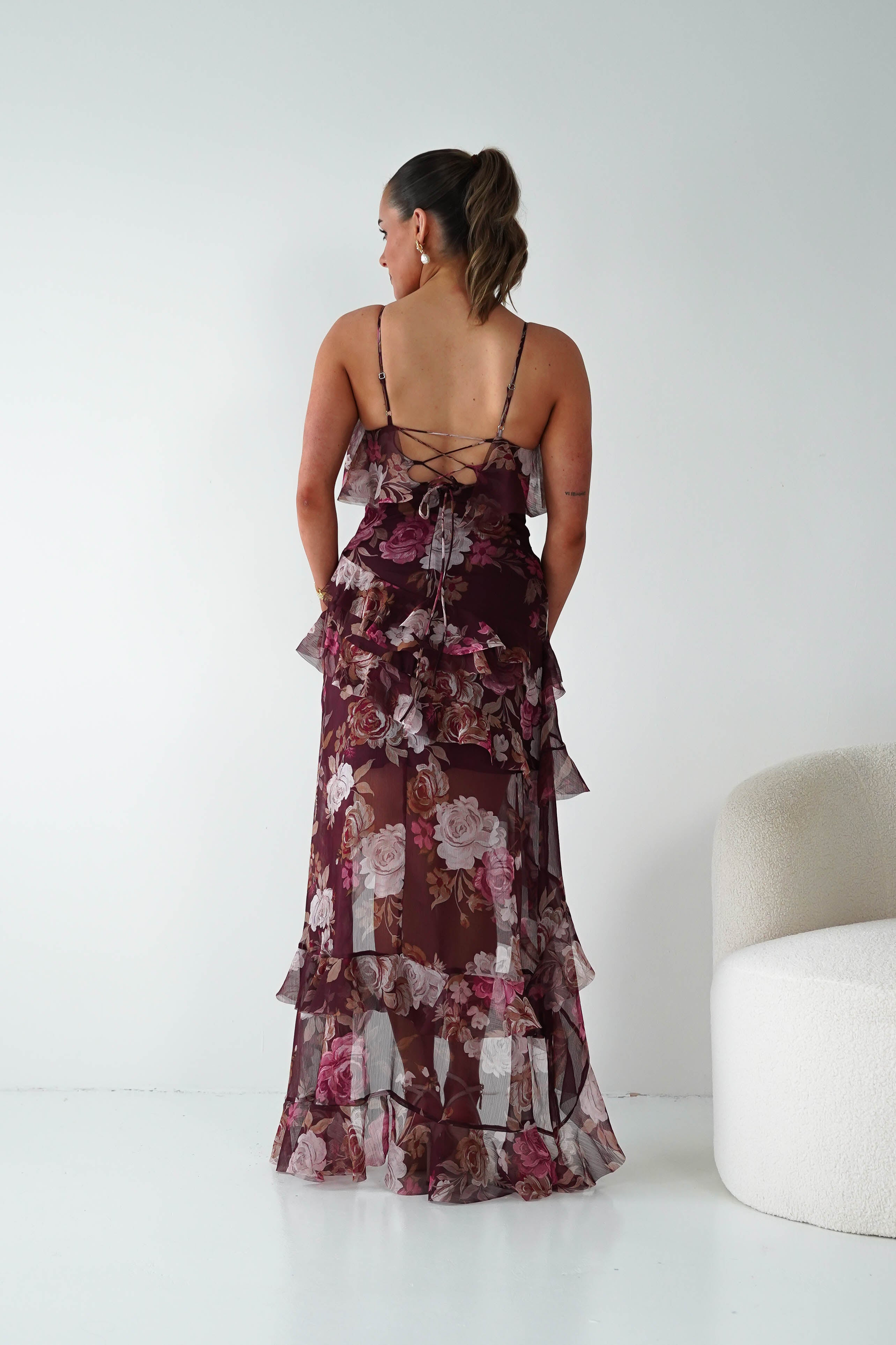 Oh Hello Clothing Women > Clothing > Dresses 1*DONE -DRESSFORUM-FD13394-Burgundy Floral Ruffle Midi Dress