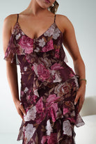 Oh Hello Clothing Women > Clothing > Dresses 1*DONE -DRESSFORUM-FD13394-Burgundy Floral Ruffle Midi Dress