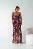 Oh Hello Clothing Women > Clothing > Dresses 1*DONE -DRESSFORUM-FD13394-Burgundy Floral Ruffle Midi Dress