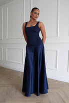 Oh Hello Clothing Dresses > Prom Dresses 1* Done - Elena Square Neck Soft Satin Maxi Dress | Navy