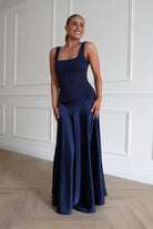 Oh Hello Clothing Dresses > Prom Dresses 1* Done - Elena Square Neck Soft Satin Maxi Dress | Navy