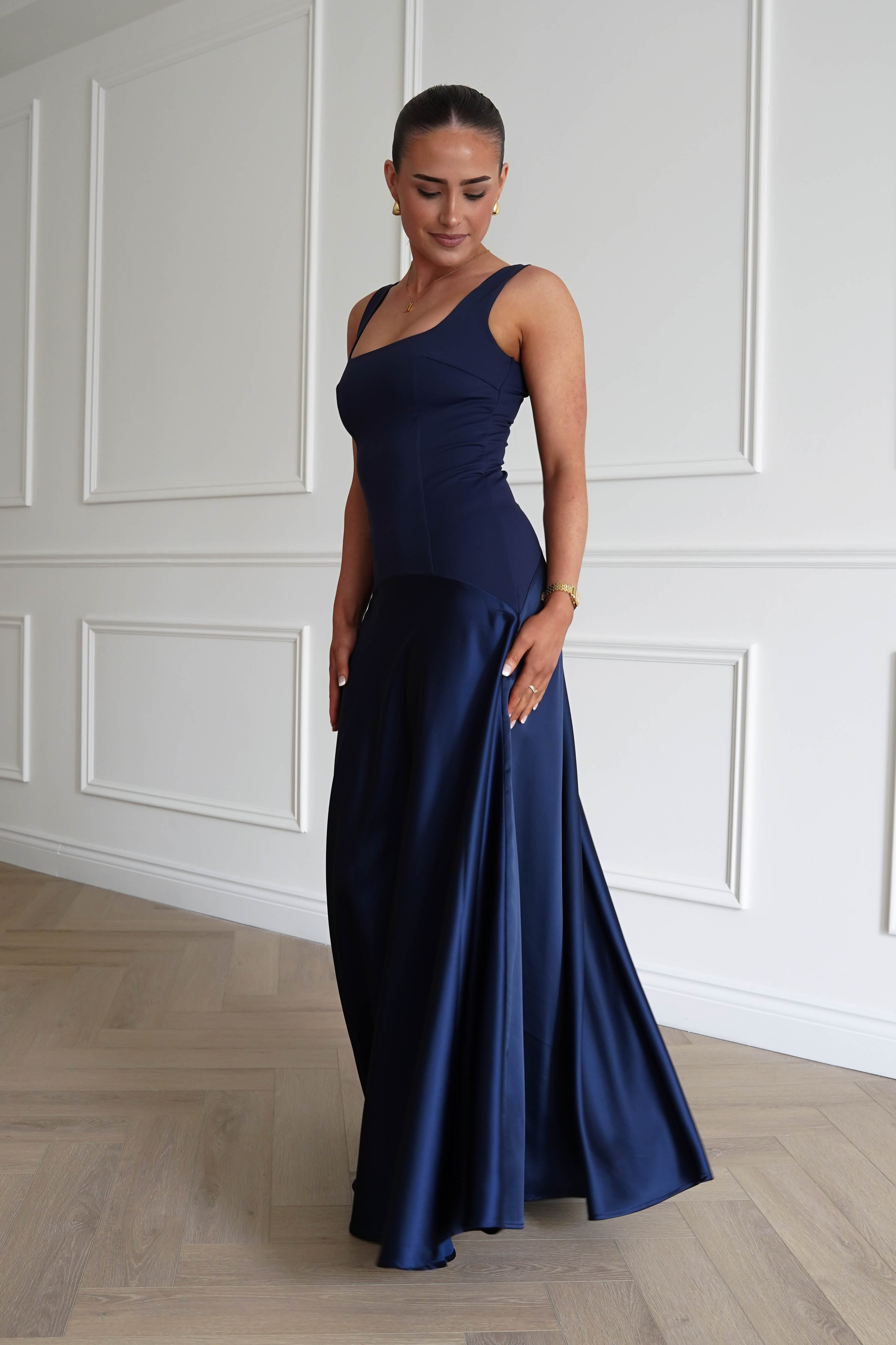 Oh Hello Clothing Dresses > Prom Dresses 1* Done - Elena Square Neck Soft Satin Maxi Dress | Navy