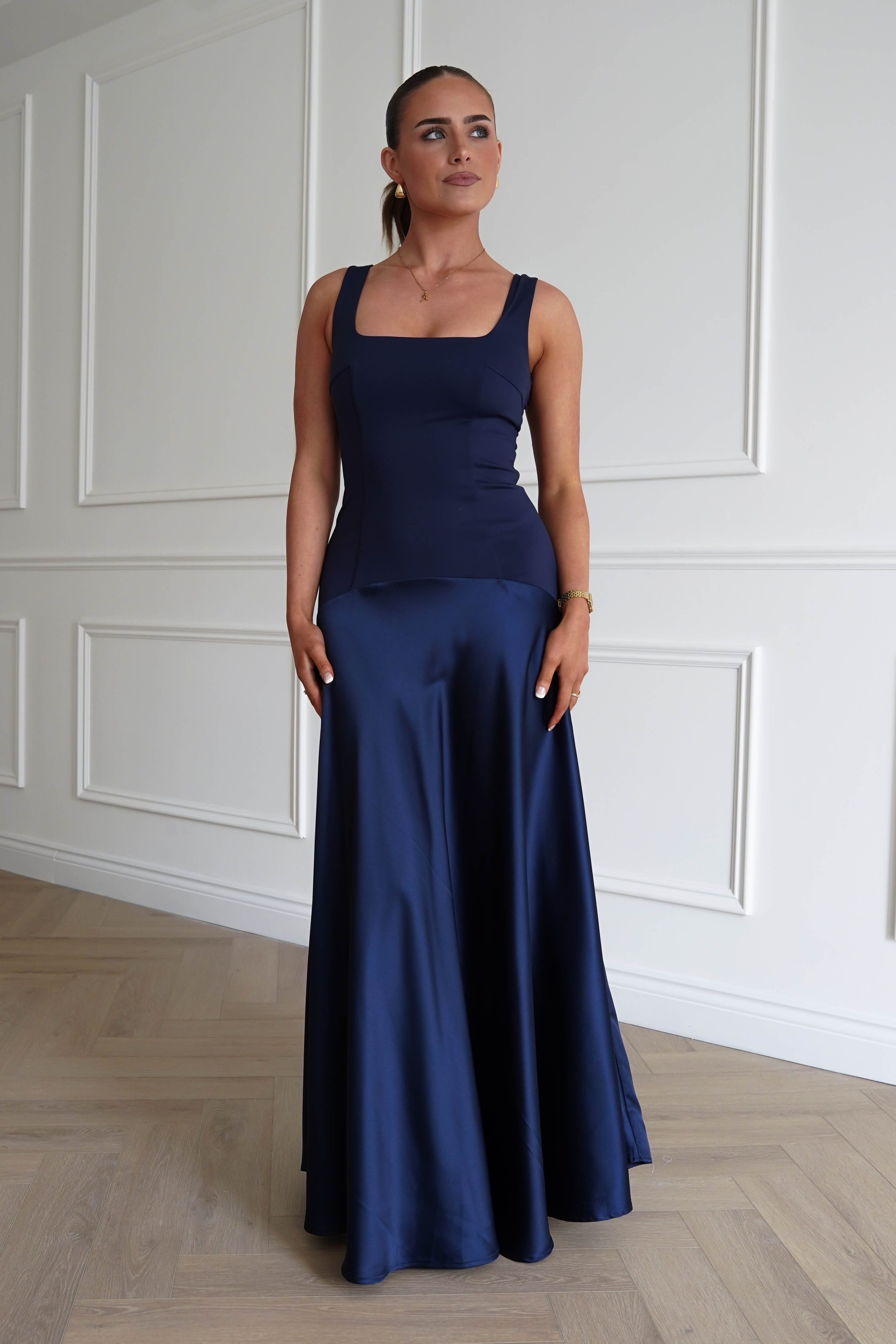Oh Hello Clothing Dresses > Prom Dresses 1* Done - Elena Square Neck Soft Satin Maxi Dress | Navy