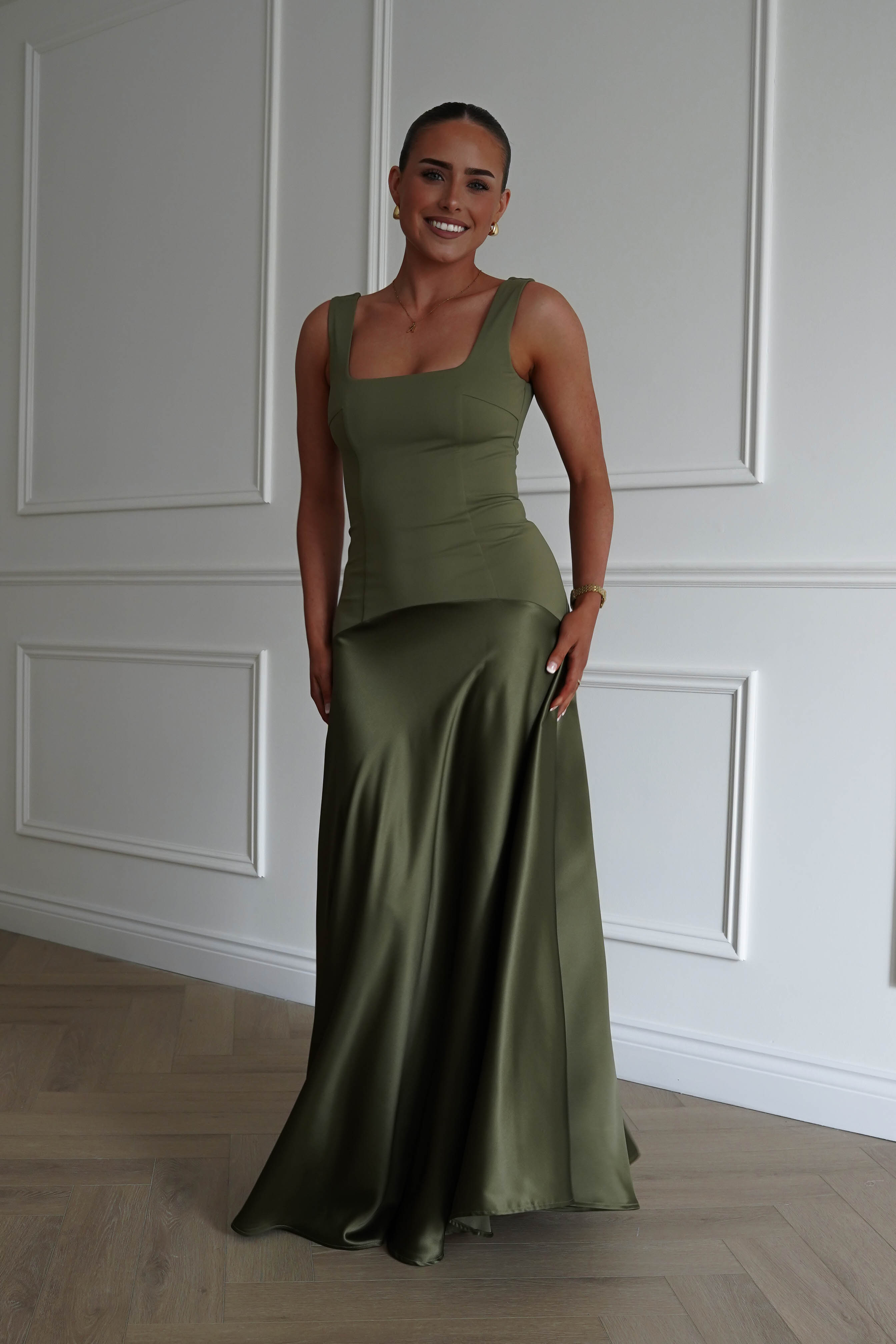 Oh Hello Clothing Dresses > Prom Dresses 1* DONE - Elena Square Neck Soft Satin Maxi Dress | Olive