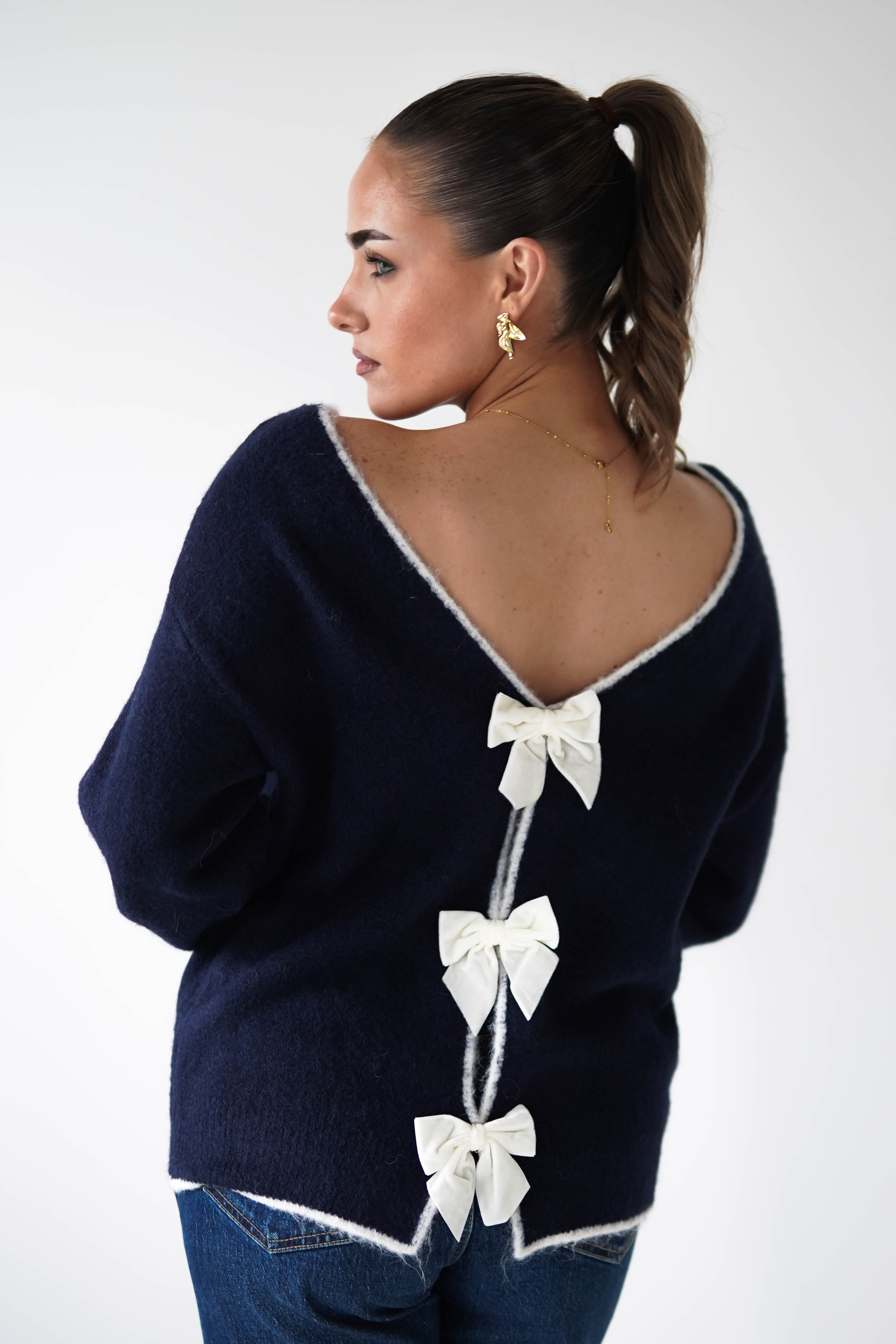 Oh Hello Clothing Women > Clothing > Knitwear ONE SIZE (6/12) 1*DONE-ELSA- NAVY & WHITE Bow Detail Knit Jumper- SC20643 (Copy)