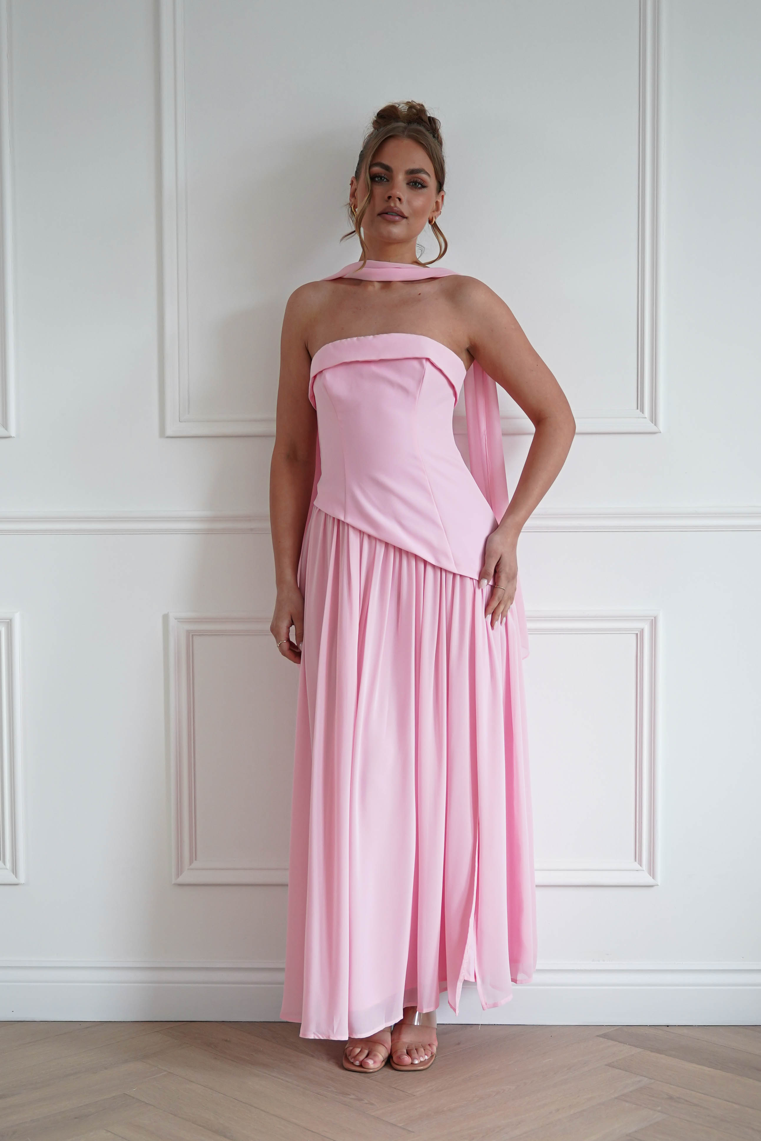 Oh Hello Clothing Women > Clothing > Dresses 1*Done- Elva Strapless Asymmetric Waist Maxi Dress |Pink