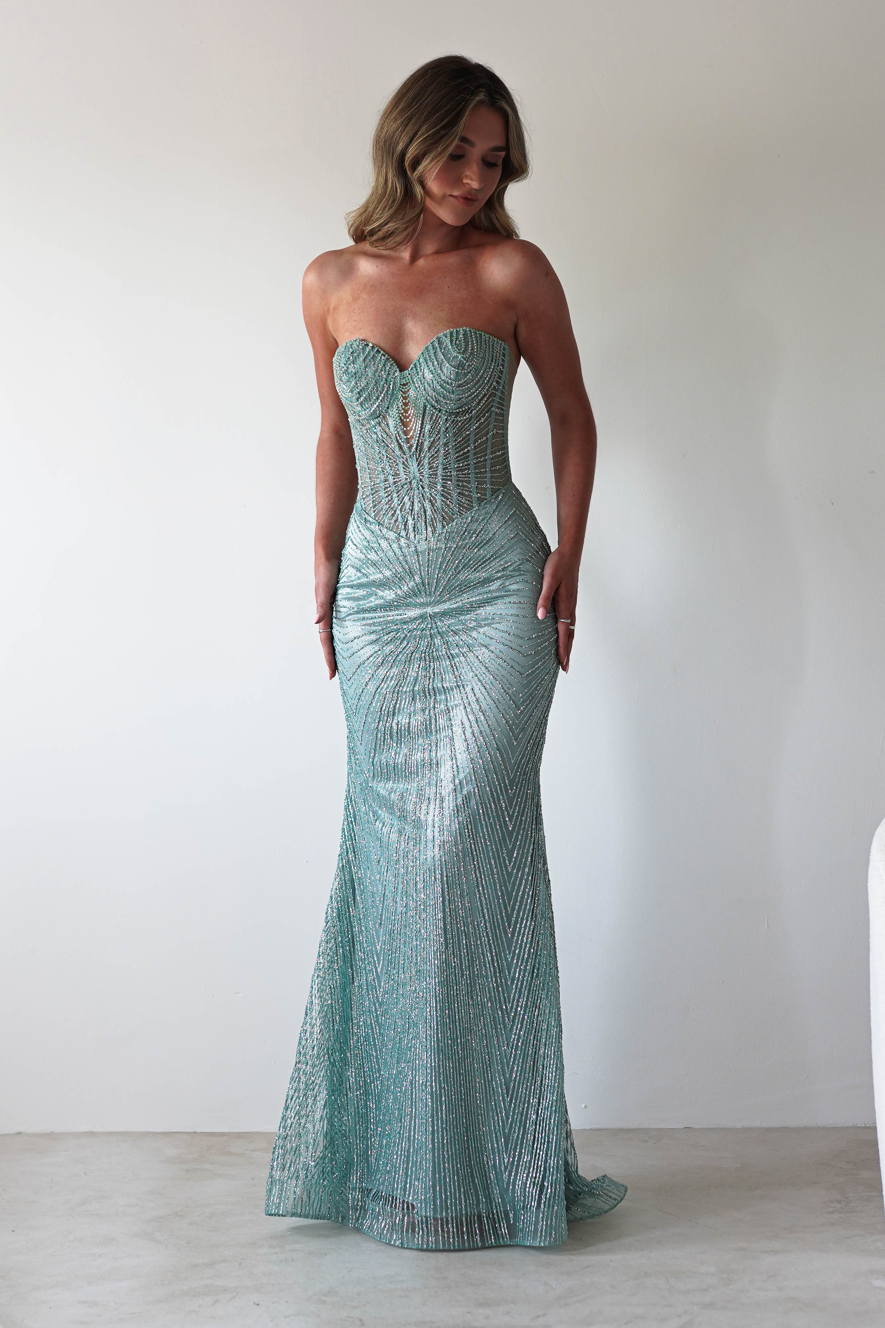 Elyse Glitter Strapless Gown | Sage | Oh Hello Clothing | XS (6)