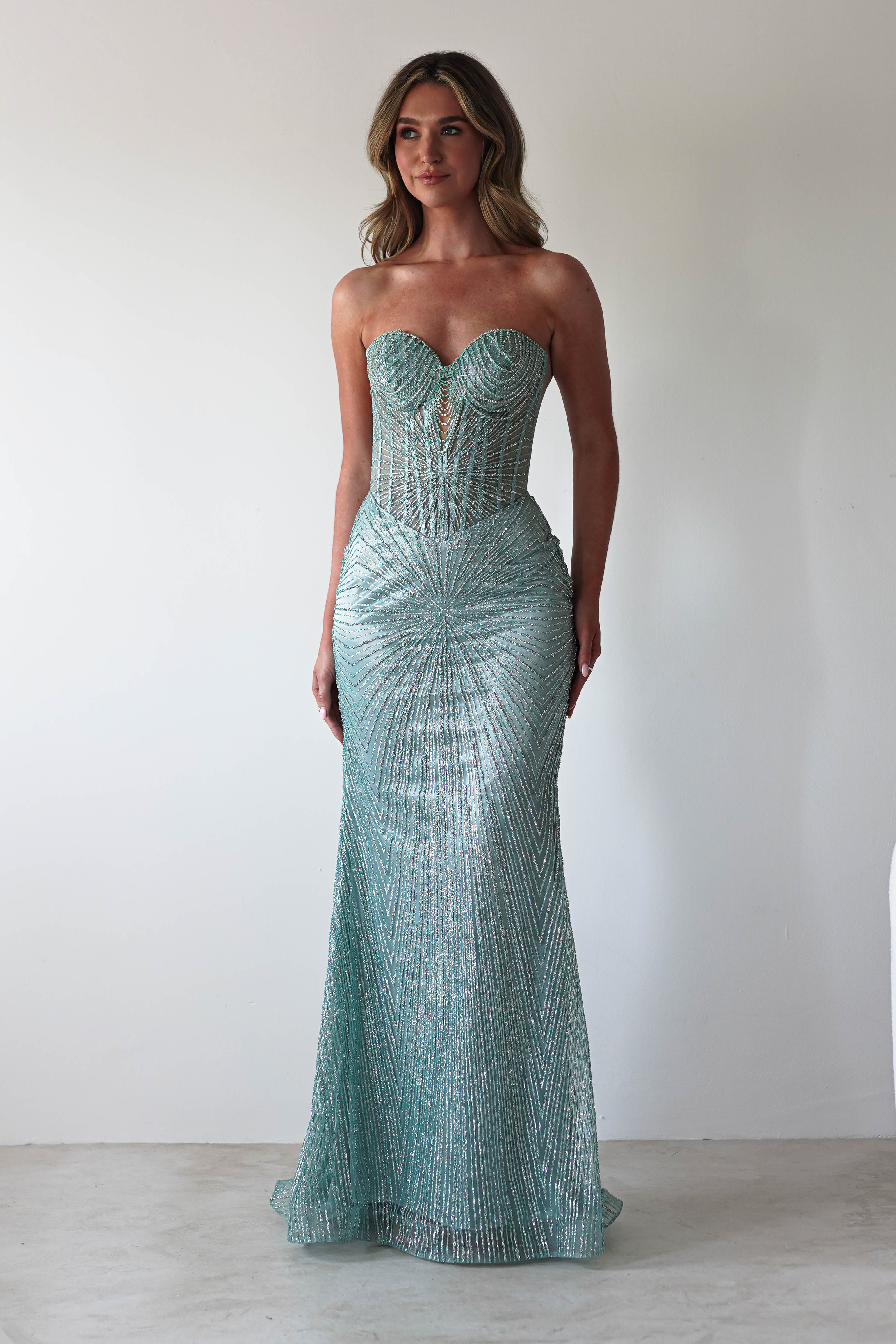 Elyse Glitter Strapless Gown | Sage | Oh Hello Clothing | XS (6)