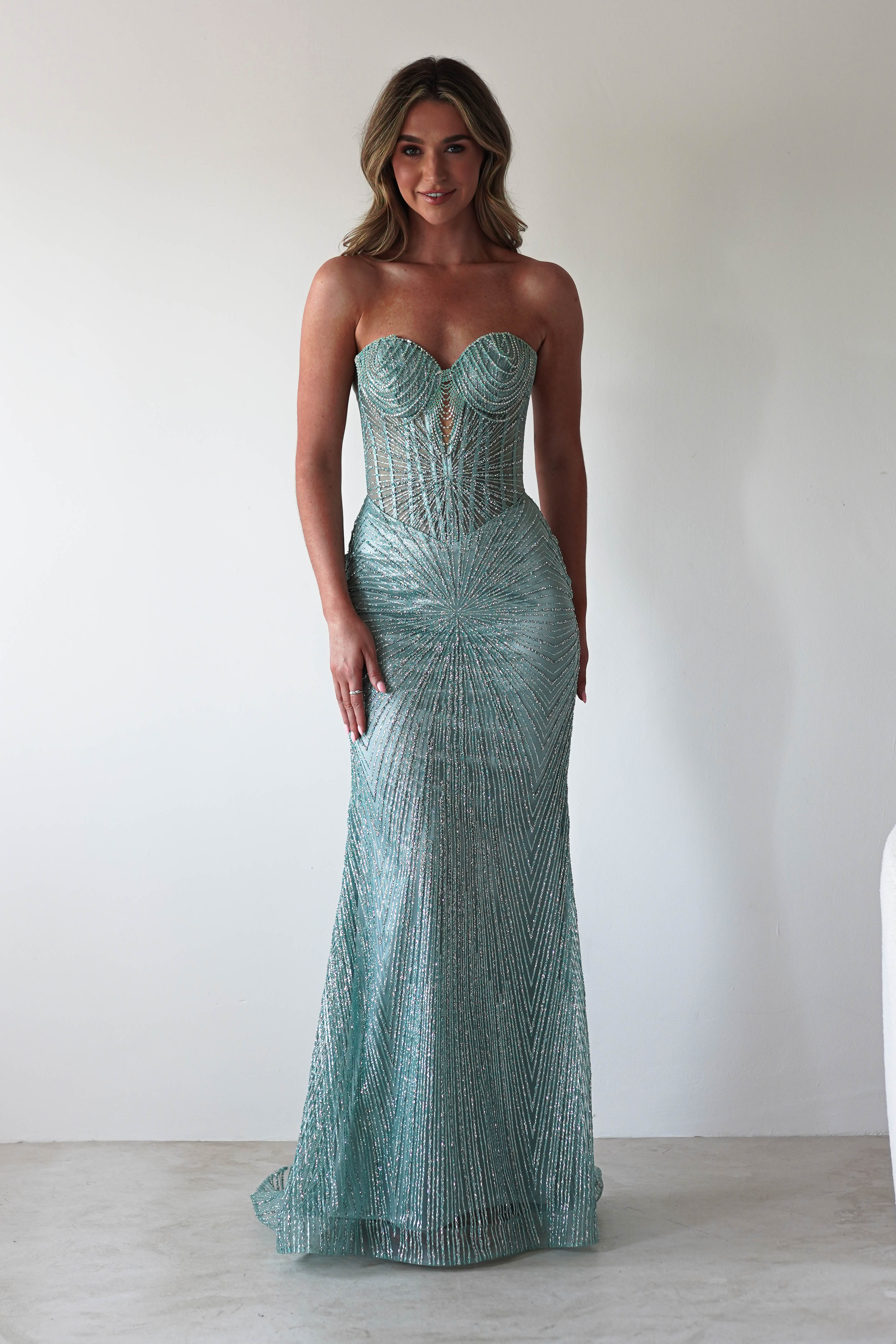 Elyse Glitter Strapless Gown | Sage | Oh Hello Clothing | XS (6)