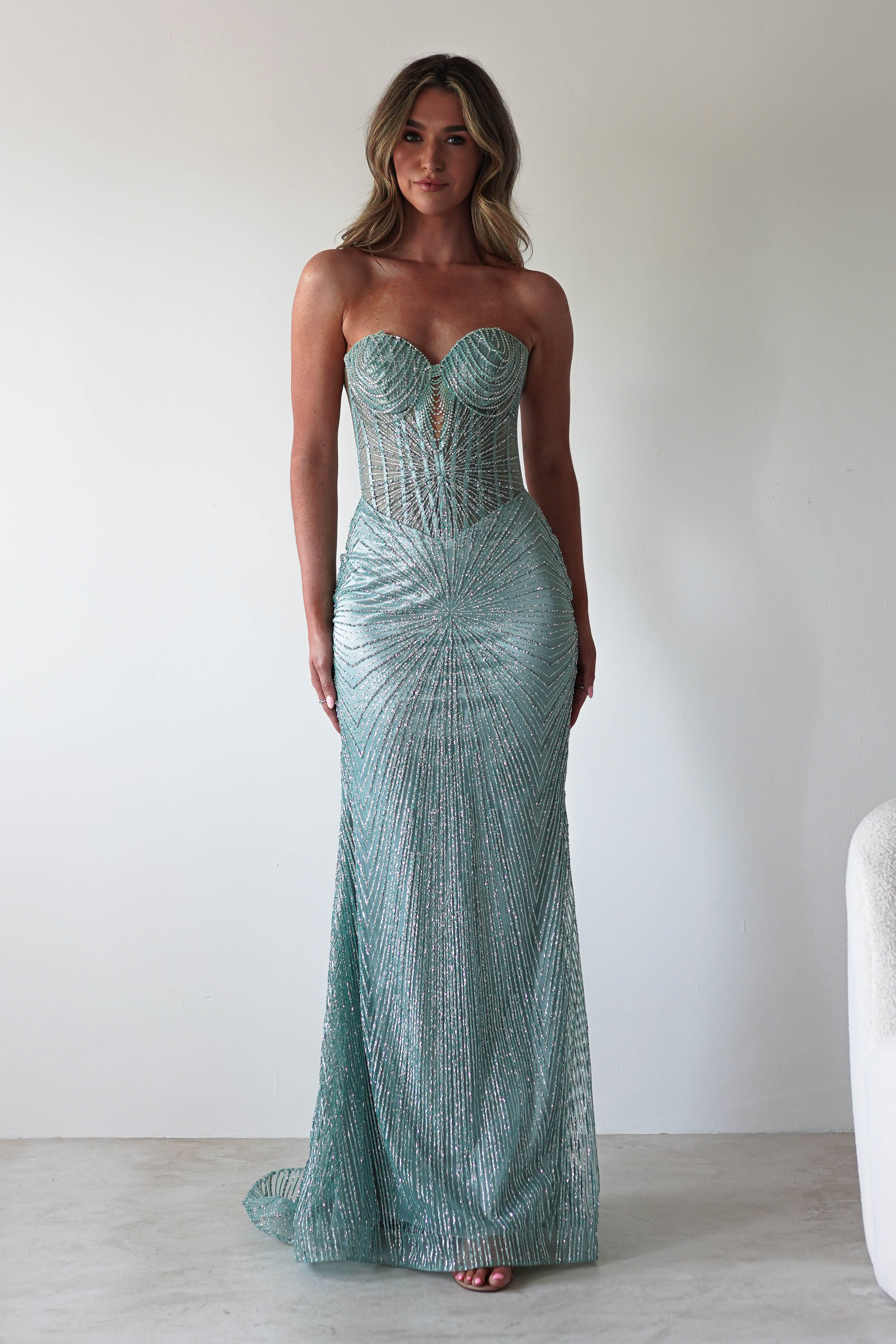Elyse Glitter Strapless Gown | Sage | Oh Hello Clothing | XS (6)