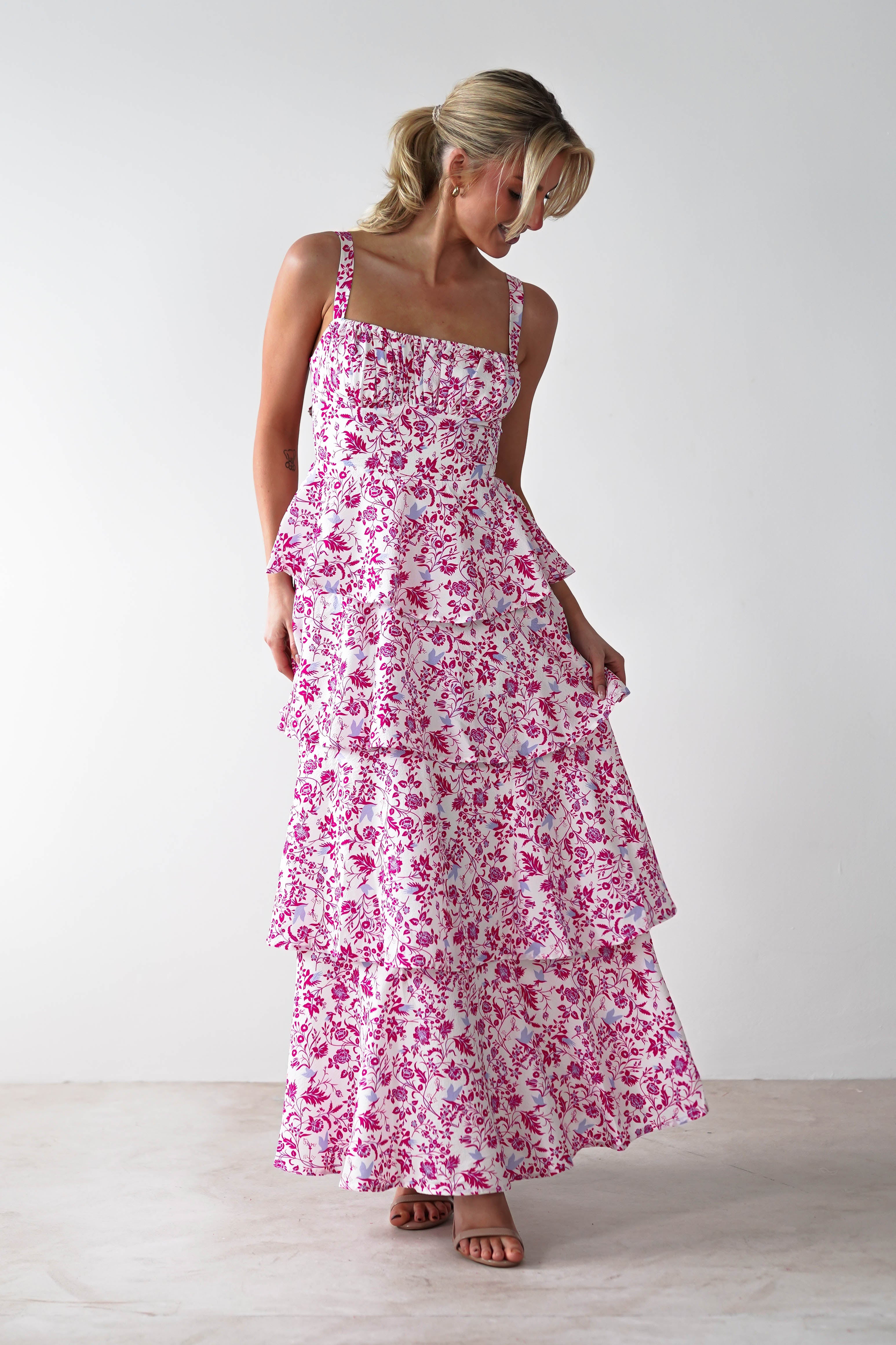 Emily Floral Ruffle Maxi Dress | Pink Print