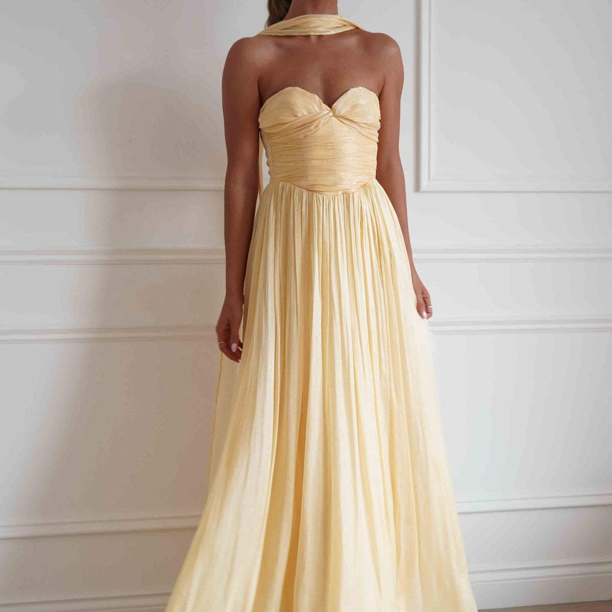 yellow strapless bridesmaid dresses Loryn Ruched Maxi Dress | 20260629_20% Strapless Sleeves Coast Women's Corsage High Color:Ivory/Bright Pink/Print