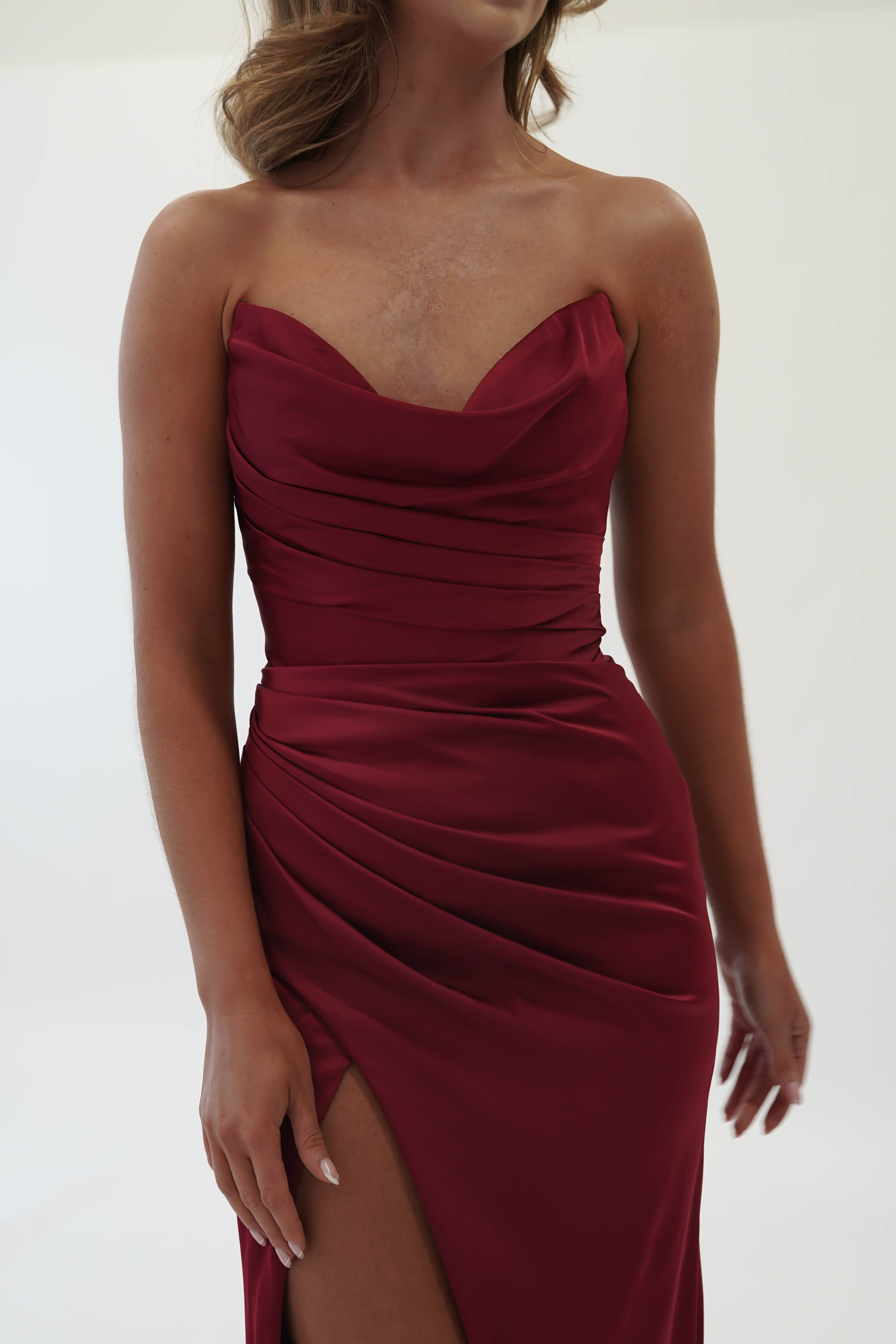 Italia Bodycon Satin Gown | Dark Red