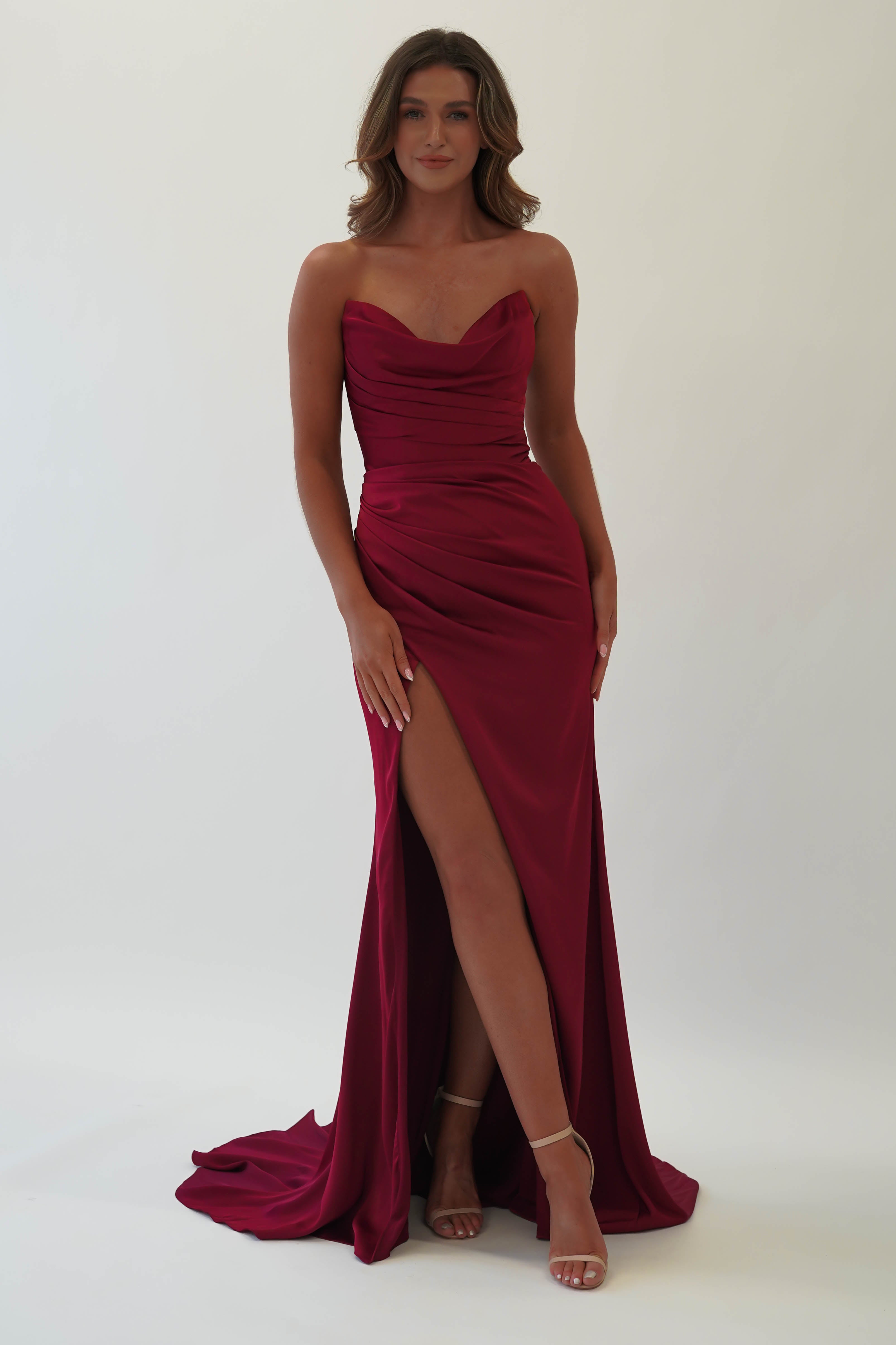 Italia Bodycon Satin Gown | Dark Red