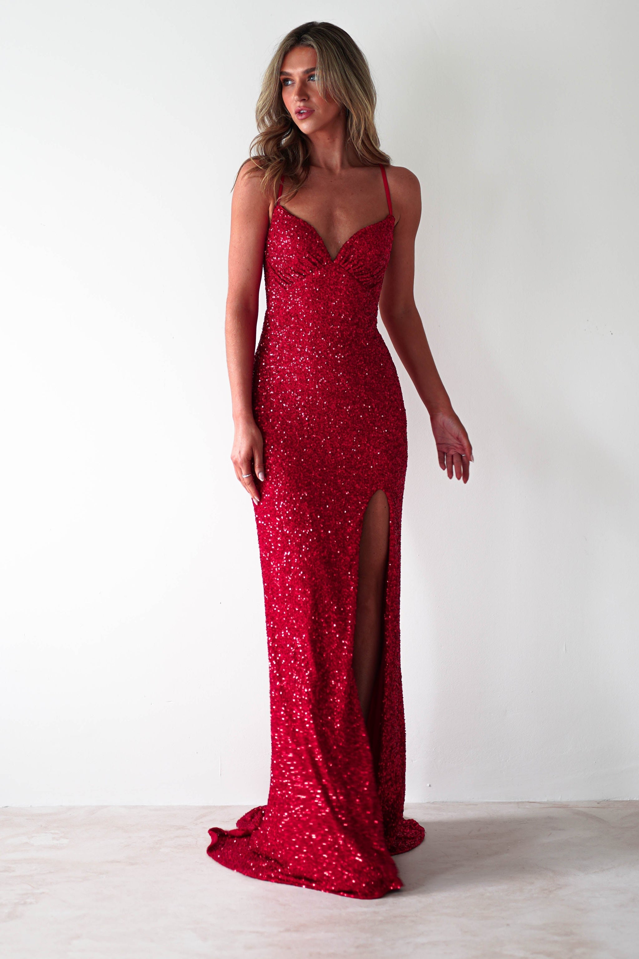 burgundy debs dress Dynasty | Burgundy Asymmetric-Neck Maxi Dress With Ruched Detailing And Front High-Split main image 0