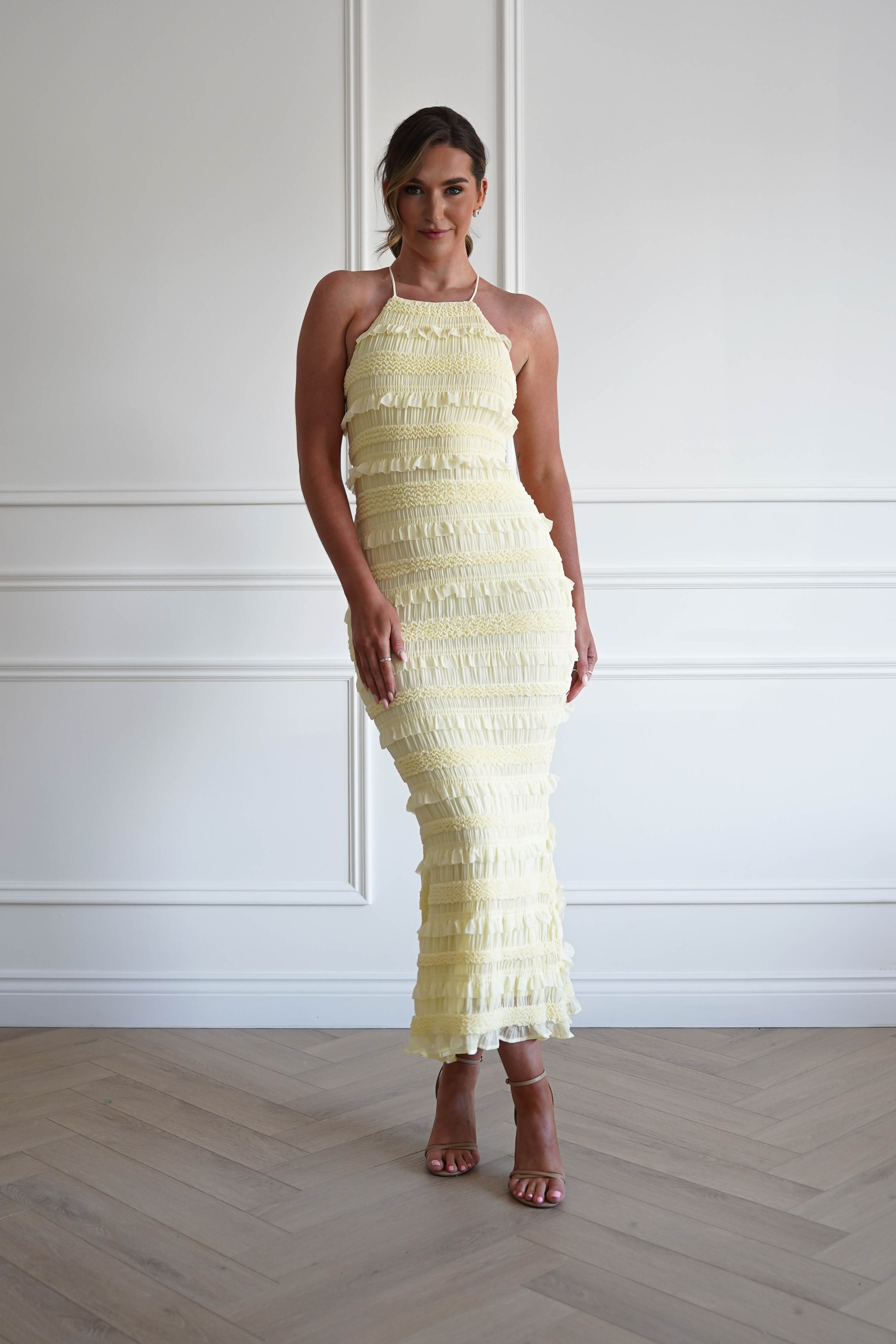 Oh Hello Clothing Women > Clothing > Dresses 1*DONE- FP- 578201- Yellow Ruffle Bodycon Maxi Dress