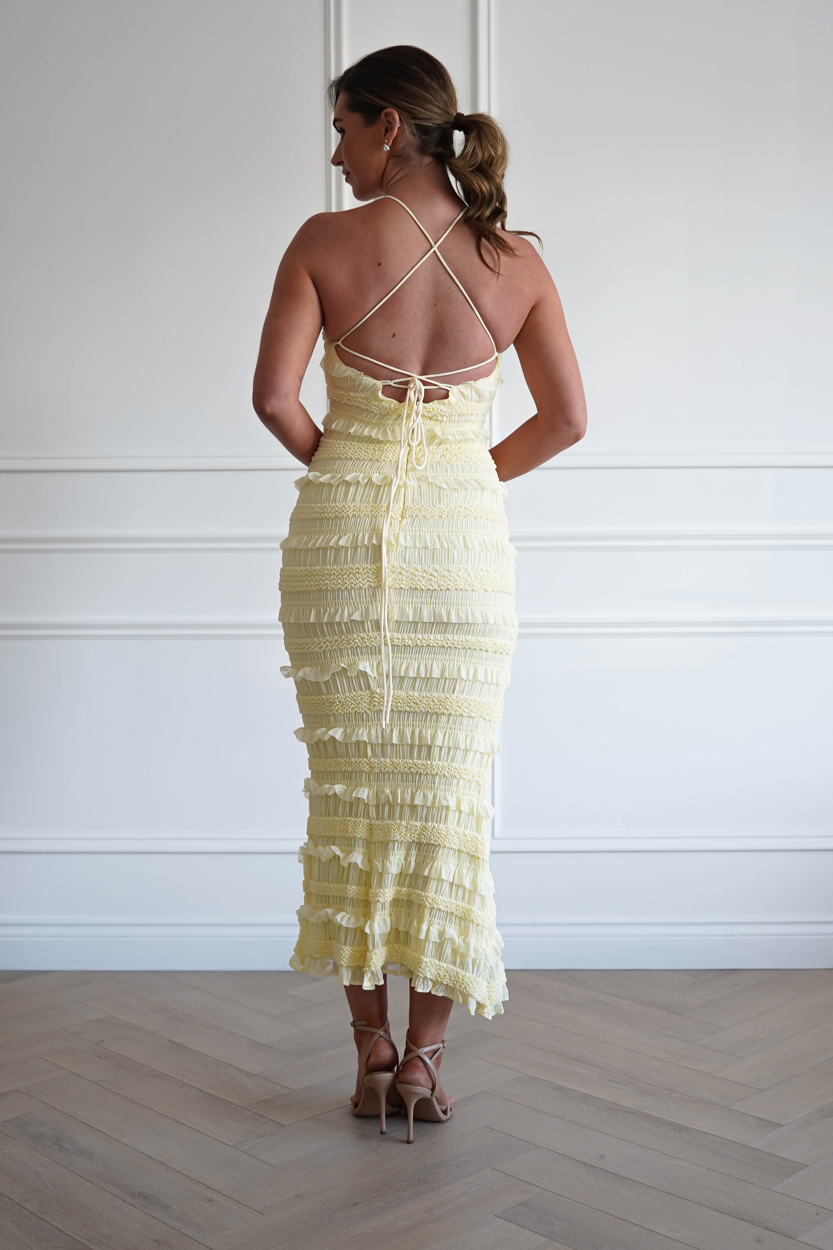 Oh Hello Clothing Women > Clothing > Dresses 1*DONE- FP- 578201- Yellow Ruffle Bodycon Maxi Dress