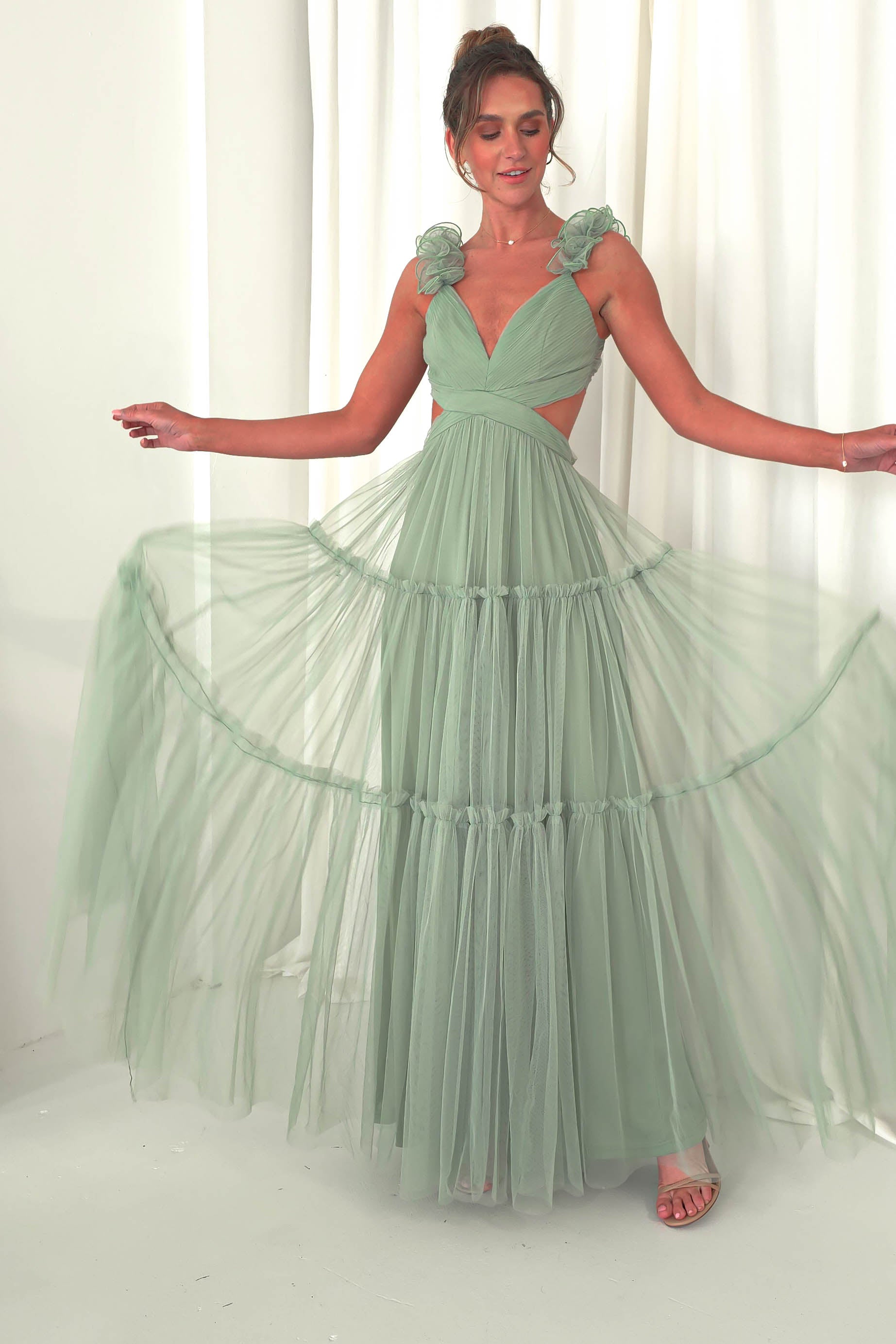 Galiena Ruffle Tulle Maxi Dress | Sage Green